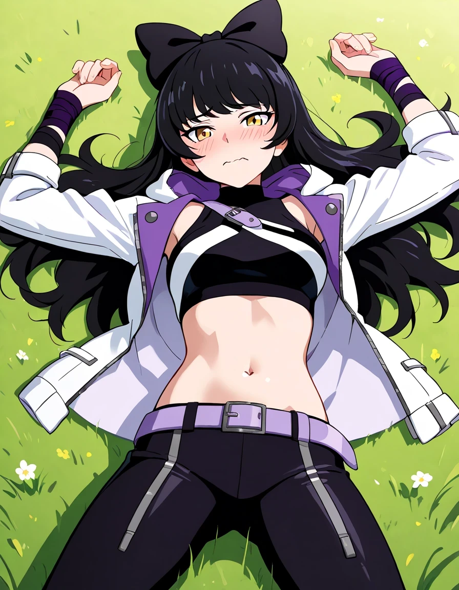Blake Belladonna (RWBY All Volumes), black hair, long hair, ribbon, bow, ribbon, hair bow yellow eyes, belt, midriff, medium breasts, thighs, IntruderOutfit, white jacket, wrist wraps, navel, black pants, hair bow, belt, high quality, solo, lying, on grass, from above, arms up, legs apart, cowboy shot, closed mouth, looking at viewer, wavy mouth, shy, best quality