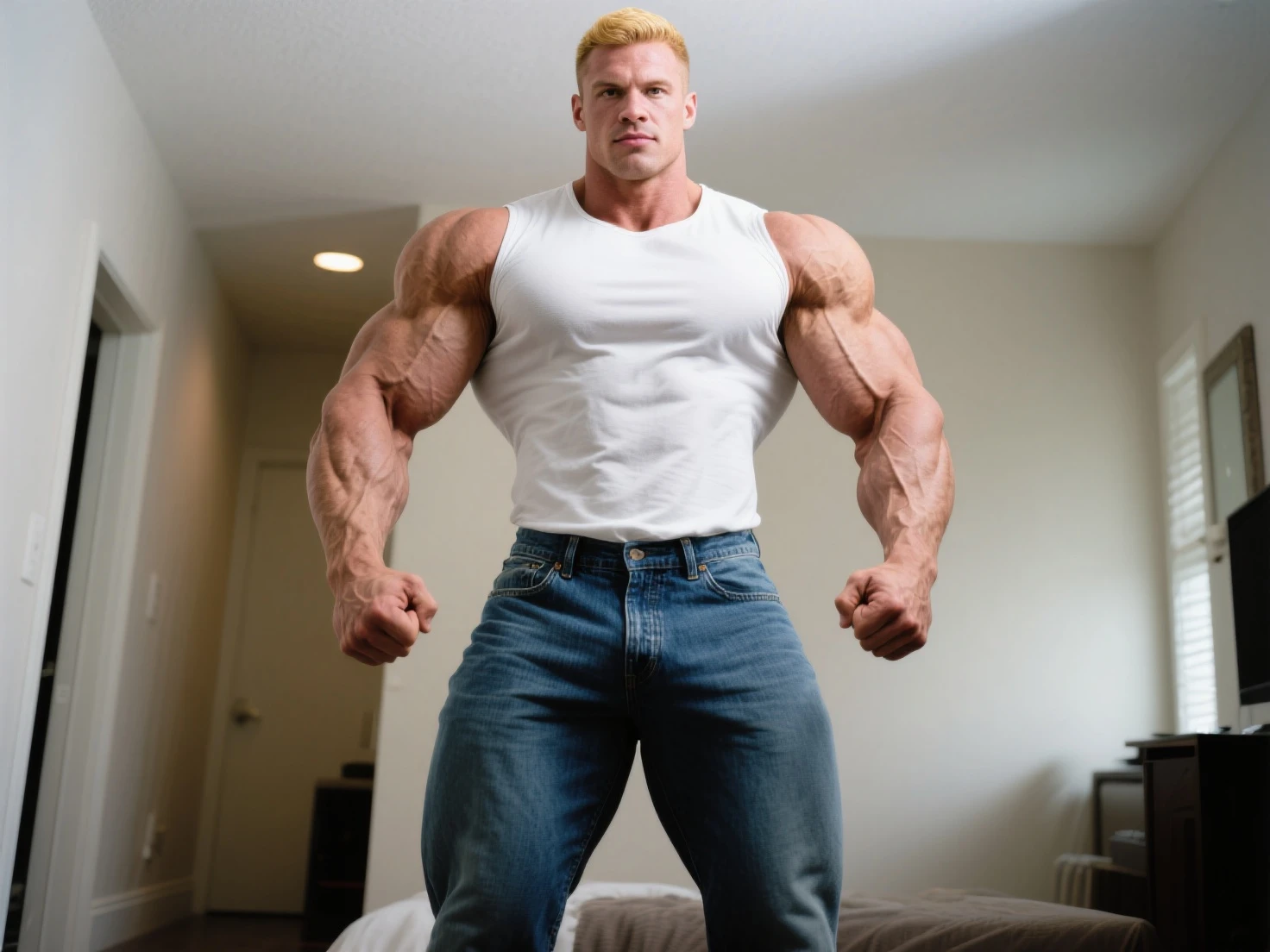 Full body view, boy bodybuilder muscular with excess, bloated and over-inflated muscles, hairless, waxed, posing in a room in his white socks with a baseball bat, massurrealism, An absurdly massive physique, exaggerated muscular physique, exaggerated abs and pecs, exaggerated biceps, exaggerated shoulders, massive over-inflated legs muscles, big huge muscles, tall, broad, absurdly muscular physique, blonde with undercut cut, European male, his white socks must be seen, Gold rings and necklaces, he's looking satisfied touching his bulge