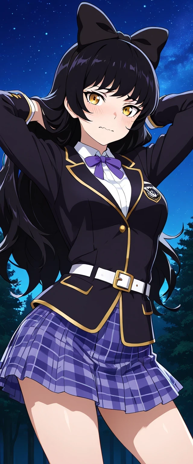Blake Belladonna (RWBY All Volumes), 1girl, solo, black hair, long hair, ribbon, bow, ribbon, hair bow yellow eyes, belt, medium breasts, thighs, BlakeSchoolUniform, school uniform, black jacket, plaid skirt, high quality, solo, night sky, forever forest, arms behind head, ((contrapposto)), closed mouth, cowboy shot, looking at viewer, wavy mouth, nervous, best quality