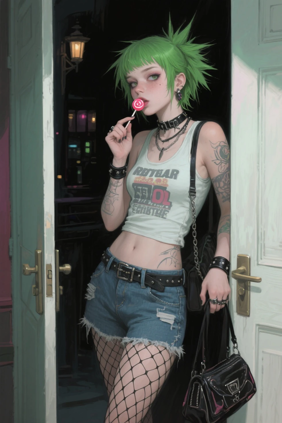 street alley, bar signboard, girl squatting, <lora:high_elf_archer-10:0.2> high_elf_archer, elf,
BREAK pointy ears, sidelocks, hair bow, green hair, black makeup, <lora:emo_hairstyle:0.5> emo_hairstyle
BREAK black shirt, holding coke can,
BREAK pink skirt, <lora:CONVERSE ALL Star:1.0> (CVAS:1.3), black shoes