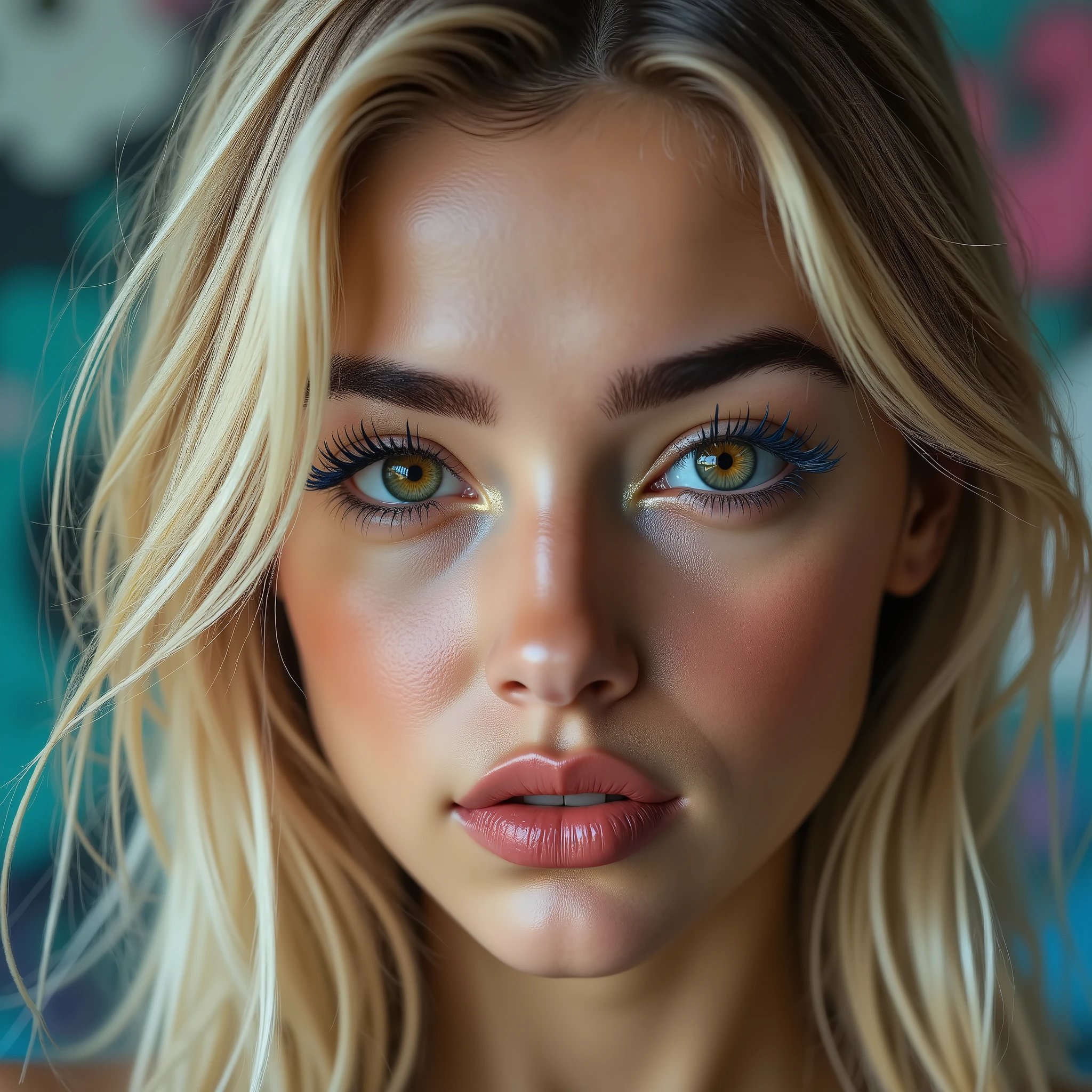  [Style: "masterpiece, realistic, (photo realistic Realism), ultra-detailed, Hyper high resolution"](Key Directive: - ("The priority is the anatomical accuracy and texture of the materials" - "Ultra-sharp human eyes with biological accuracy") { "Eyes: (acid-resistant terminology) (macro-details:1 . 5): * Moist corneal surface (visible aqueous layer:1 . 2) * Hyper-detailed iris stroma ((brown) with gold flecks) * Precise limbal ring (slightly darker pigmentation:1 . 22) * Pupil micro-texture (irregular edge authenticity:0 . 9) * Vasculature in sclera (subtle red veins radiating from limbus)" - "Lashes: blue individual synthetic fibers (crosshatched roots:1 . 2 , clump-free separation)" Technical Specs: (Optics: - "Zeiss Otus85mm f/1 . 4 lens (eye refraction calculations:1 . 3)" - "Shutter Speed:1/500 (freeze eye micro-movements)" - "Focus Stacking:7-point coverage on iris plane"), ((blonde hair (very short hair:1.45)((slicked to one side:1.4)), intricately details:1.41), (Post-Processing: - "Frequency separation for skin vs eye details" - "Selective sharpening: eyes170% , hair150%" - "Denoise: luminance20 , color35 (retain corneal speculars)") (Avoid: "pupil distortion , uncanny valley asymmetry , plastic-like wetness") ((beautiful western model:1.8)),(photorealism: 1.4),( hot girl brown skin),(complex and realistic skin texture:1.4), {"dynamic rear side pose,portrait view, 18yo, very skinny,Honeycomb latex outfit, ((latex top, bra:1.4)), blue green latex harness choker intricated ,complex thin laces stomach harness, tied up, arms tattoo, latex brace(sculpted six pack abs:1.2),micro skirt, garters,flat chest,angelic cute face,white teeth, perfect beauty, perfect eyes render, long eyelashes, neon pink lips, oiled skin,psychedelic background,voronoi backround, hyper realistic and detailed face. no blur sharp focus on all body"}