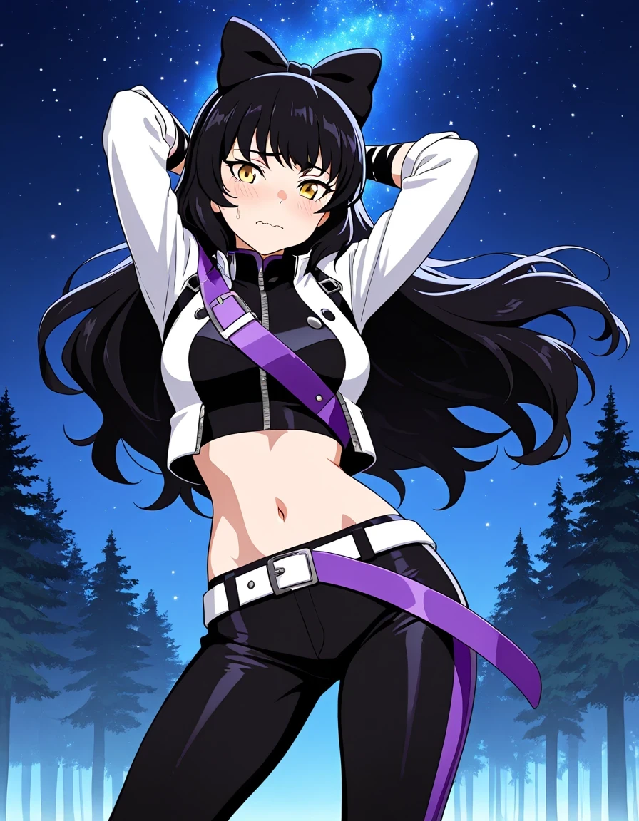 Blake Belladonna (RWBY All Volumes), black hair, long hair, ribbon, bow, ribbon, hair bow yellow eyes, belt, midriff, medium breasts, thighs, IntruderOutfit, white jacket, wrist wraps, navel, black pants, hair bow, belt, high quality, solo, night sky, forever forest, arms behind head, ((contrapposto)), closed mouth, cowboy shot, looking at viewer, wavy mouth, nervous, best quality