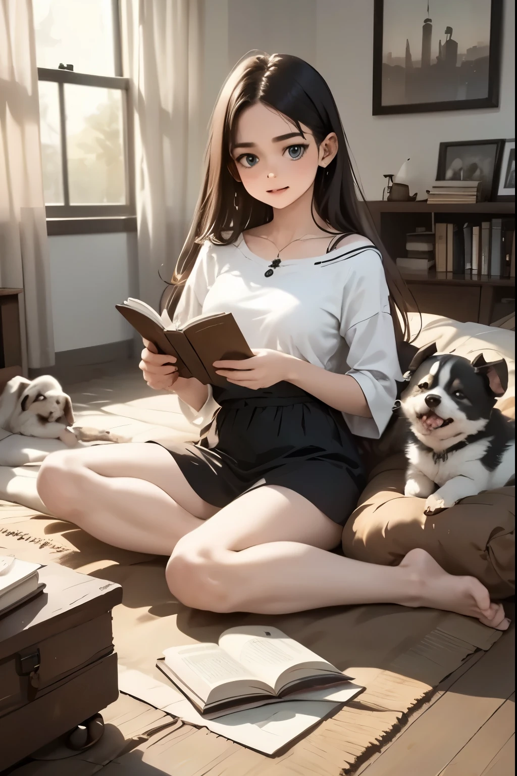Minimalist roommate surrounded by puppies: tidy room with basic furnishings, dressed in all-white, sipping tea while reading a book. realistic