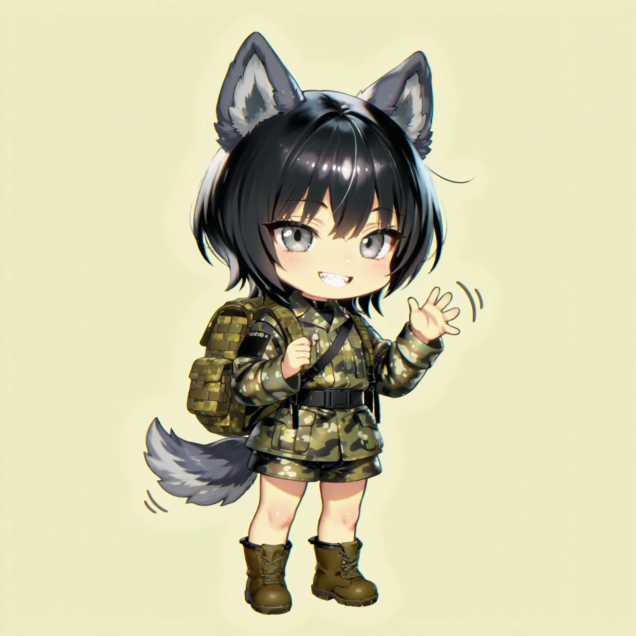 chibi,,masterpiece、High Quality、Anime style expression、Girl with 3 Headed Dog Ears、1 person、black hair wolf cut、gray eyes、sharp gaze、small tits、black dog tail、Camouflage military uniform、black leotard、Brown Boots、camouflage backpack and firearms、Waving from Behind、simple background