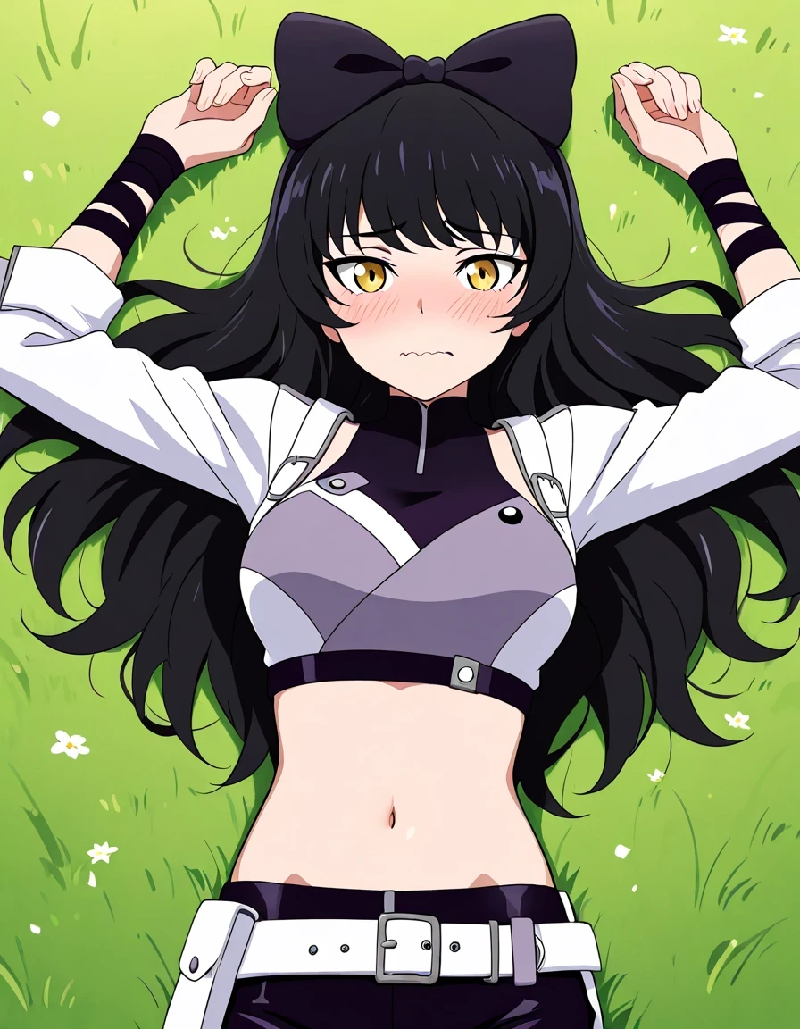 Blake Belladonna (RWBY All Volumes), black hair, long hair, ribbon, bow, ribbon, hair bow yellow eyes, belt, midriff, medium breasts, thighs, IntruderOutfit, white jacket, wrist wraps, navel, black pants, hair bow, belt, high quality, solo, lying, on grass, from above, arms up, legs apart, medium shot, closed mouth, looking at viewer, wavy mouth, shy, best quality
