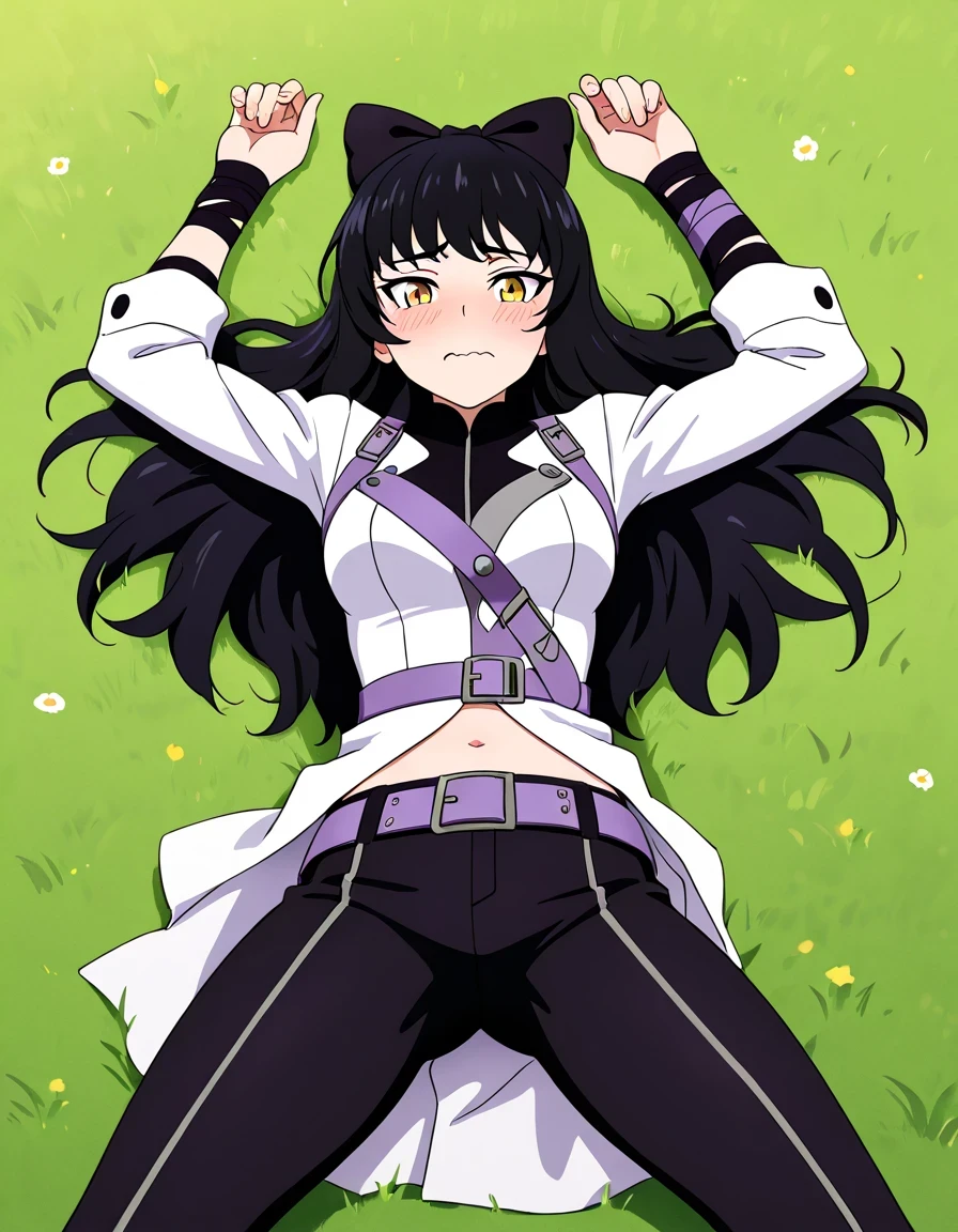 Blake Belladonna (RWBY All Volumes), black hair, long hair, ribbon, bow, ribbon, hair bow yellow eyes, belt, midriff, medium breasts, thighs, IntruderOutfit, white jacket, wrist wraps, navel, black pants, hair bow, belt, high quality, solo, lying, on grass, from above, arms up, legs apart, medium shot, closed mouth, looking at viewer, wavy mouth, shy, best quality