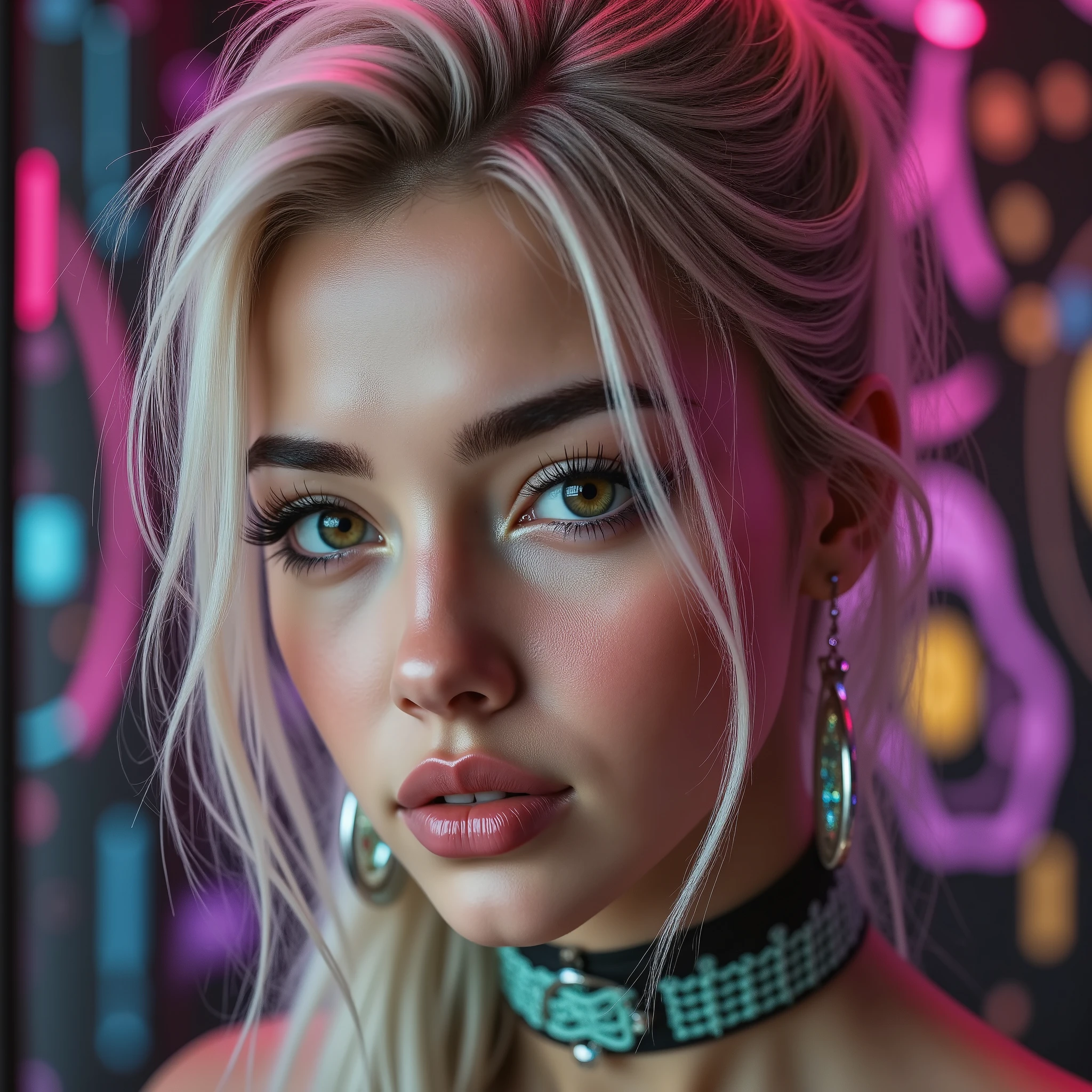  [Style: "masterpiece, realistic, (photo realistic Realism), ultra-detailed, Hyper high resolution"](Key Directive: - ("The priority is the anatomical accuracy and texture of the materials" - "Ultra-sharp human eyes with biological accuracy") { "Eyes: (acid-resistant terminology) (macro-details:1 . 5): * Moist corneal surface (visible aqueous layer:1 . 2) * Hyper-detailed iris stroma ((brown) with gold flecks) * Precise limbal ring (slightly darker pigmentation:1 . 22) * Pupil micro-texture (irregular edge authenticity:0 . 9) * Vasculature in sclera (subtle red veins radiating from limbus)" - "Lashes: blue individual synthetic fibers (crosshatched roots:1 . 2 , clump-free separation)" Technical Specs: (Optics: - "Zeiss Otus85mm f/1 . 4 lens (eye refraction calculations:1 . 3)" - "Shutter Speed:1/500 (freeze eye micro-movements)" - "Focus Stacking:7-point coverage on iris plane"), ((blonde hair (very short hair:1.45)((slicked to one side:1.4)), intricately details:1.41), (Post-Processing: - "Frequency separation for skin vs eye details" - "Selective sharpening: eyes170% , hair150%" - "Denoise: luminance20 , color35 (retain corneal speculars)") (Avoid: "pupil distortion , uncanny valley asymmetry , plastic-like wetness") ((beautiful western model:1.8)),(photorealism: 1.4),( hot girl brown skin),(complex and realistic skin texture:1.4), {"dynamic rear side pose,portrait view, 18yo, very skinny,Honeycomb latex outfit, ((latex top, bra:1.4)), blue green latex harness choker intricated ,complex thin laces stomach harness, tied up, arms tattoo, latex brace(sculpted six pack abs:1.2),micro skirt, garters,flat chest,angelic cute face,white teeth, perfect beauty, perfect eyes render, long eyelashes, neon pink lips, oiled skin,psychedelic background,voronoi backround, hyper realistic and detailed face. no blur sharp focus on all body"}