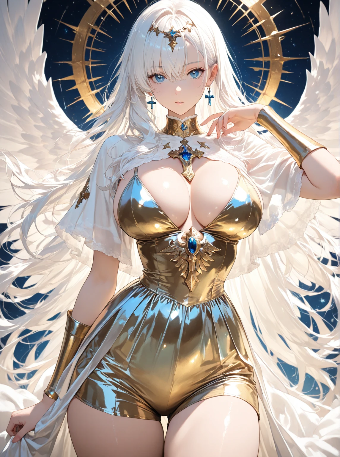 In the sky、Demon of Justice、Gray Hair、Belly Dance Cosplay、Camel Toe、Giant tit、Nipple Puffs、Cleavage、Plump、Super big breasts、Super big butt、Earrings、Earrings、necklace、Thick lips、Heterochromia、Bracelet、Caster wheel、first round、Hair Charm、Lip gloss、(Frilled Skirt、Pareo、Angel Halo、See-through)、magic circle