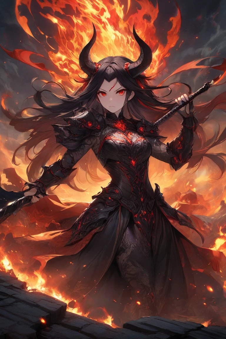 (Masterpiece), (Perfect Athlete Body:1.2), Full Body, anime style, female Knight of undead, burning red eyes, ash hair, black burned armor, shedding molten iron like blood, holding blade, flaming fist, wearing raised boots, White Background, Whole Body, Standing in Rough Terrain, winning smile
