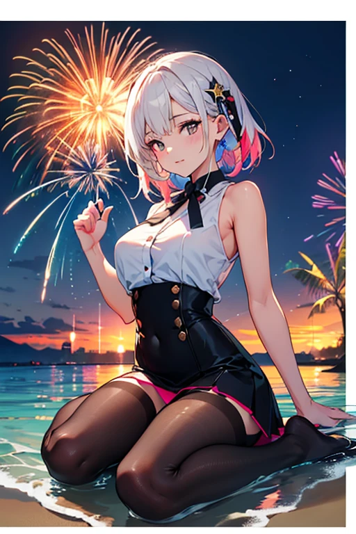 (Highest quality、masterpiece、Super detailed,8K),(Silver braided short bob),(yukata、Soft curves、Large Breasts、A fascinating body)、Summer festivities,stall,Detailed Background、night、night景、(Colorful lights),(Eat chocolate banana),(happy Smile)、firework