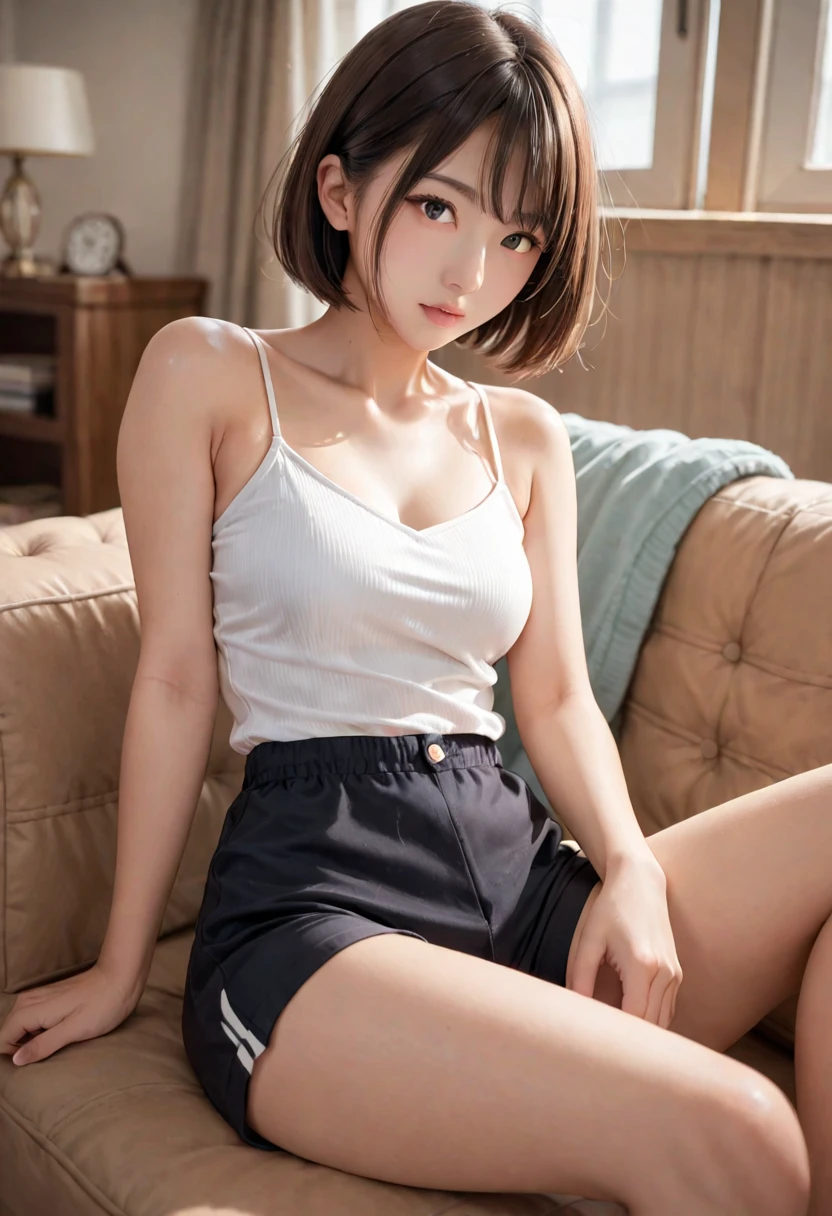((of the highest quality, 8K, masutepiece: 1.3, Raw photo)), Sharp Focus: 1.2, (1 AESPA Girl :1.1), Solo, (Realistic, Photorealistic: 1.37), (Face Focus: 1.1), Cute face, hyperdetailed face, short messy hair, Small Smile, slender, nude, camisole, chiffon skirt, (Sitting with one knee up: 1.3), classroom, (show panties: 1.1), flower, dahlia