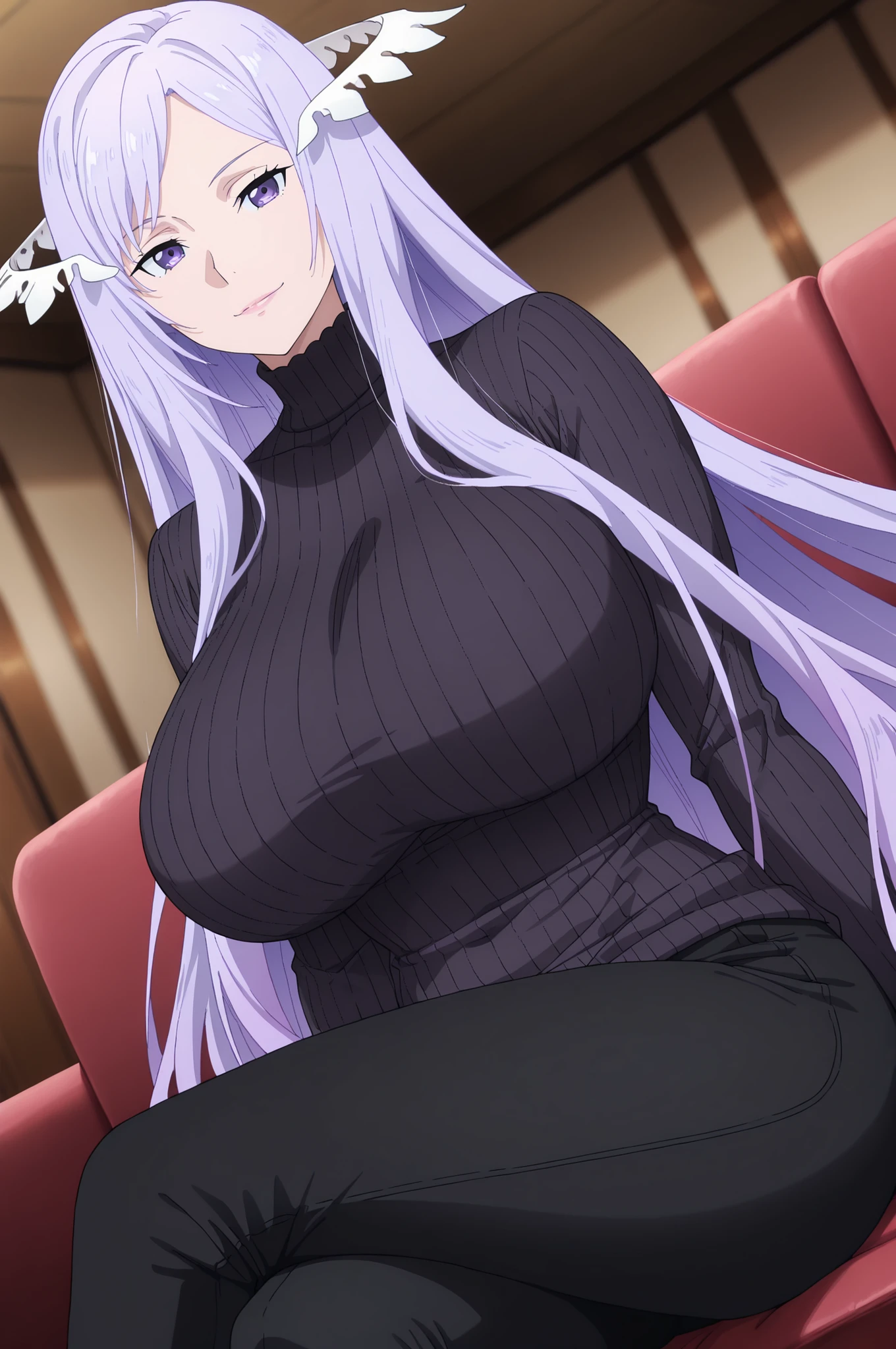 newest , masterpiece , anime screencap , anime coloring , masterpiece, best quality, quinella, 1girl,adult female, milf, motherly, long hair, light purple hair, purple eyes, ractical body shape, glamorous bodies, attractive bodies, motherly, big Curvy, Slutty, Neat, huge breasts, big buttocks, wide Butt, thick thighs, Toned thighs, ((black turtleneck sweater, black pants,)), smile, Lips, , sitting , crossed legs , from front , dutch angle , (looking at viewer) , (cowboy shot) , living room , blurred background, (((Sexy,))) ((turtleneck sweater, black pants,)),