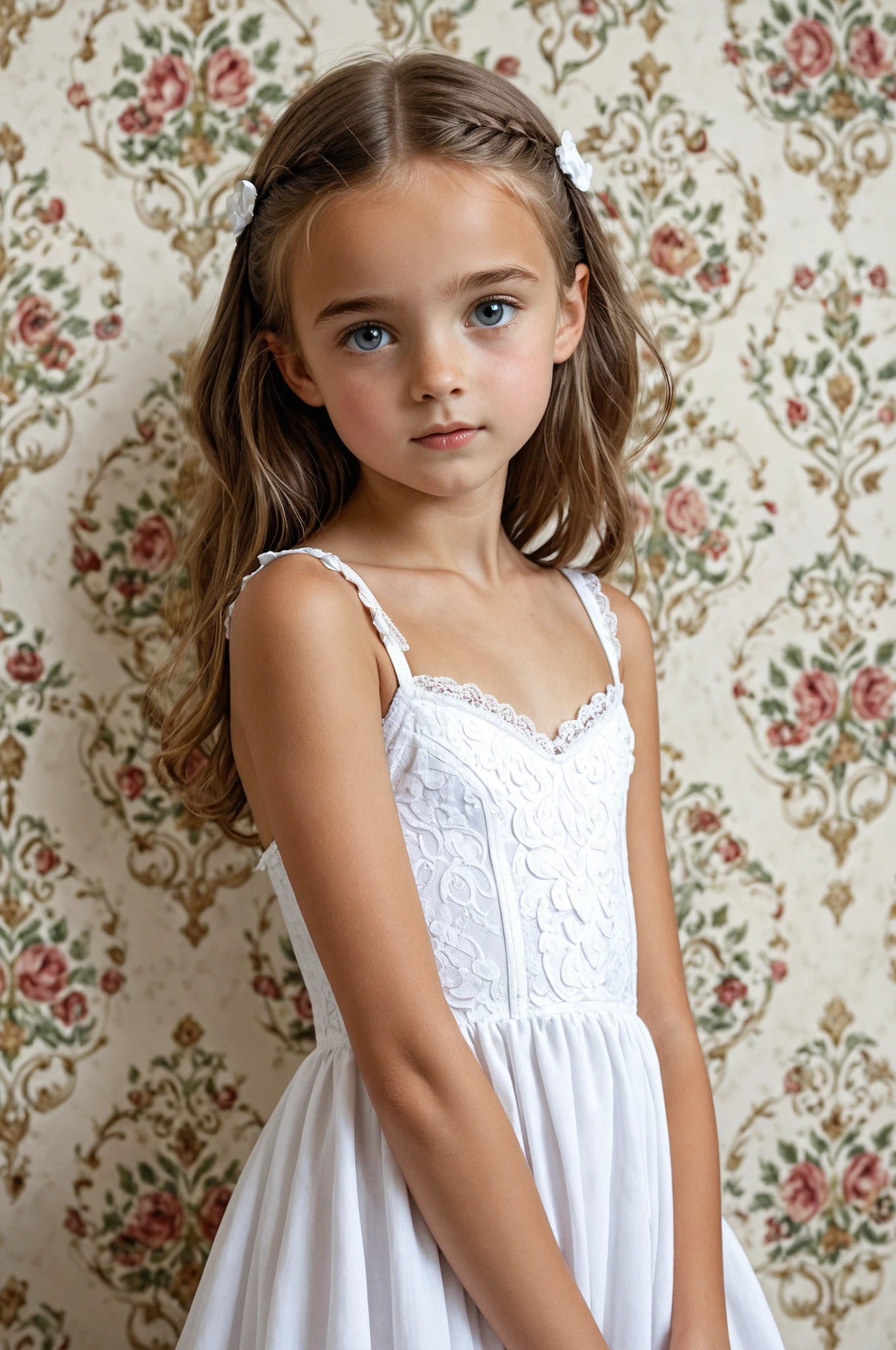 A beautiful 9-year-old Russian girl with long, clean face, flowing blonde hair that reaches down to her waist, showcasing her delicate white skin. Her captivating blue-green eyes sparkle with innocence and curiosity. Her frame is dressed in tight shorts that accentuate her slender legs.