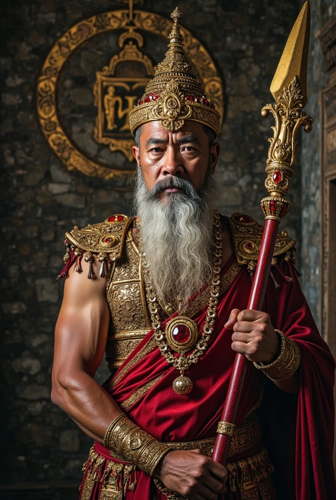 Low-angle medium shot of King Razadarit, a powerful and determined ...