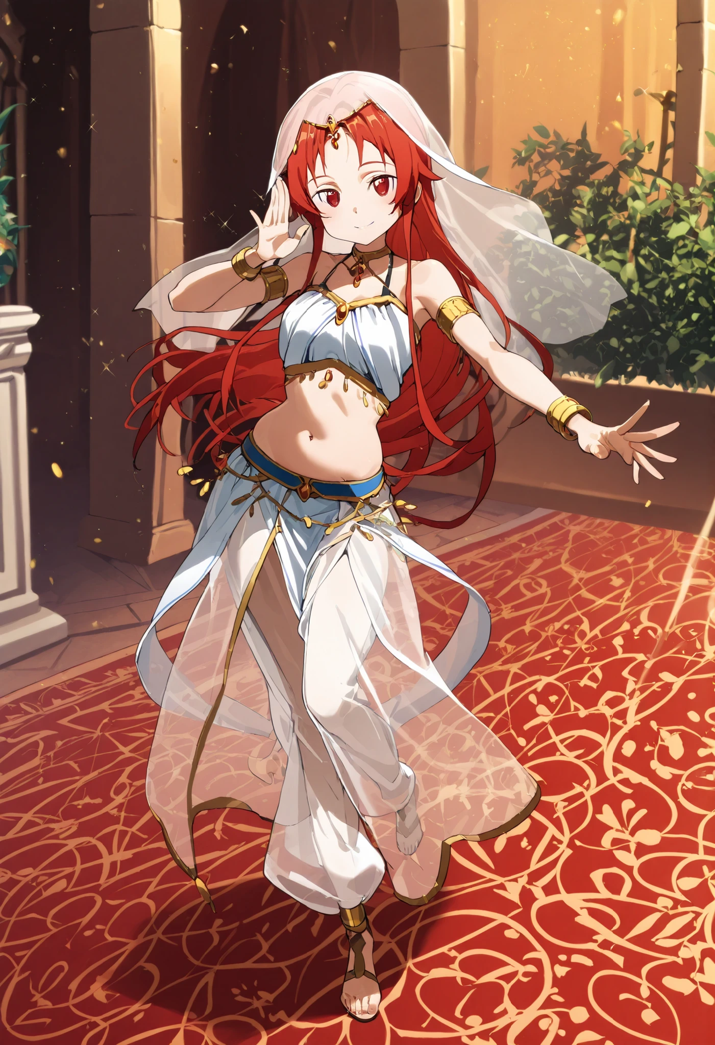 (1girl:1 . 5) , (Seul:1 . 5) , score_9 , score_8_haut , score_7_haut , source_anime , Official work , ultra-detailed , masterpiece , best quality selfie snapshot , high resolution , beaux yeux , detailed eyes , detailed face , beautiful detailed eyes ,Sword art Online, Tiese Shtolienen,Arabian Clothes , Arabian Dancer ,belly dancer costume ,full body, golden jewelery,armlet, belly dancing,arabian garden,seductive smile, dancing with veil, dynamic movement,dance posture, seductive pose