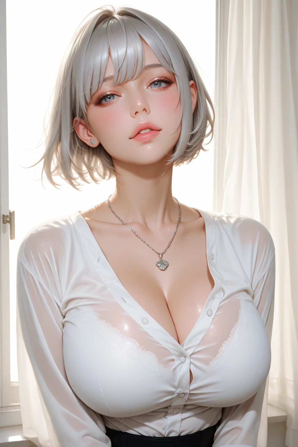 ((Best quality, 8k, Masterpiece :1.3)), Sharp focus :1.2, A pretty woman with perfect figure :1.4, Slender abs :1.2, ((white hair, bob cut, Big breasts :1.2)), (White button up long shirt :1.1), City street:1.2, Highly detailed face and skin texture, Detailed eyes, Double eyelid, wet clothes