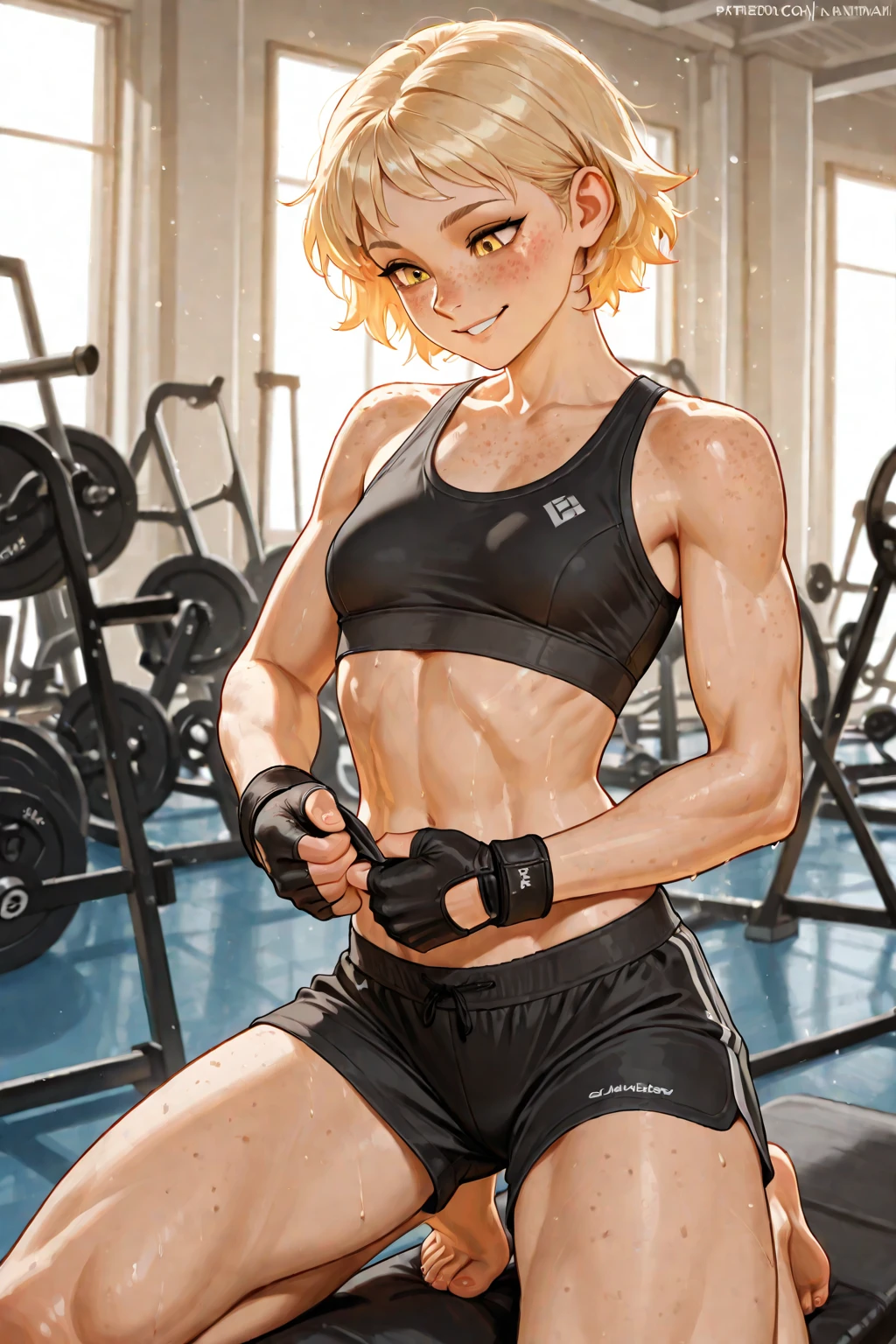 (masterpiece, high quality), 1girl, Caucasian, short blond hair, blue eyes, 16-years-old , gym locker room, (black panties), white crop top, strong arms, muscular thighs, ripped muscles, six pack abs, muscle arms, muscular, flat chest, hyper detailed, Intricate design, Luminous, 4K, 8K, Cinematic lighting, Contour lighting, bright, soft light