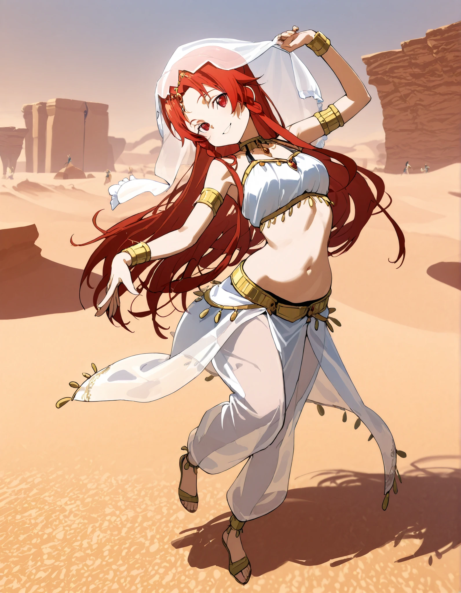 (1girl:1 . 5) , (Seul:1 . 5) , score_9 , score_8_haut , score_7_haut , source_anime , Official work , ultra-detailed , masterpiece , best quality selfie snapshot , high resolution , beaux yeux , detailed eyes , detailed face , beautiful detailed eyes ,Sword art Online, Tiese Shtolienen,Arabian Clothes , Arabian Dancer ,belly dancer costume ,full body,golden jewelery,armlet, belly dancing,desert lands,seductive smile, dancing with veil, dynamic movement,dance posture, seductive pose