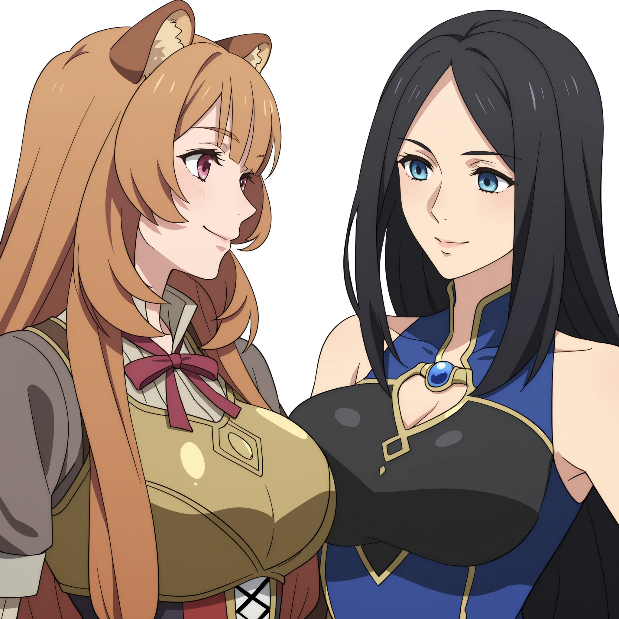 Two women. 1. Raphtalia, with light orange hair. 2. Sadeena, with long black hair, blue eyes, a curvaceous figure, and large breasts,  desnudas . estan duchándose desnudas juntas en una ducha  compartida cuerpos mojados. pechos en contacto. risas. desanudas . ducha. 