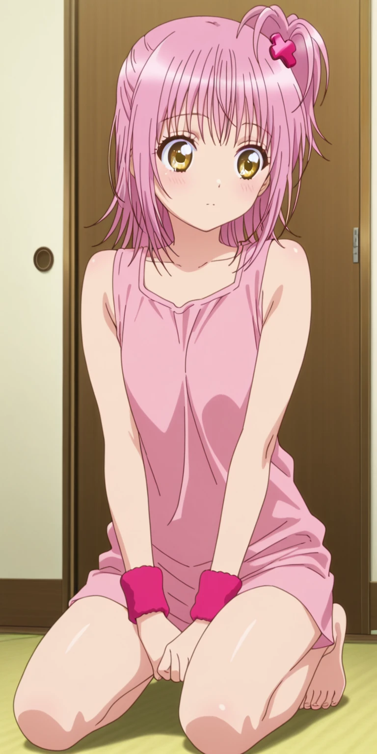 clean, {{scan}}, {{{masterpiece}}}, {{{high quality}}}, {{{animeted}}}, anime colored, {{{official art}}}, perfect body, best quality, (masterpiece:1.2), highly detailed, 2D, anime coloring, blush, lying, on back, on bed, white bed, spread legs, legs up, arms behind back,  (((pink panties, pink tank top))), pov crotch, (flat chest:1.4), ((((Skinny)))), Slim Body, Slim waist, (((slim legs))), small hips, thin limbs, ((thin)), , slender, 1girl, madoka, collarbone, two side up, pink hair, crotch, white background, simple background, flat background, looking at viewer, cowboy shot, camel toe, navel, blush, closed mouth, shy, light smile, face-to-face