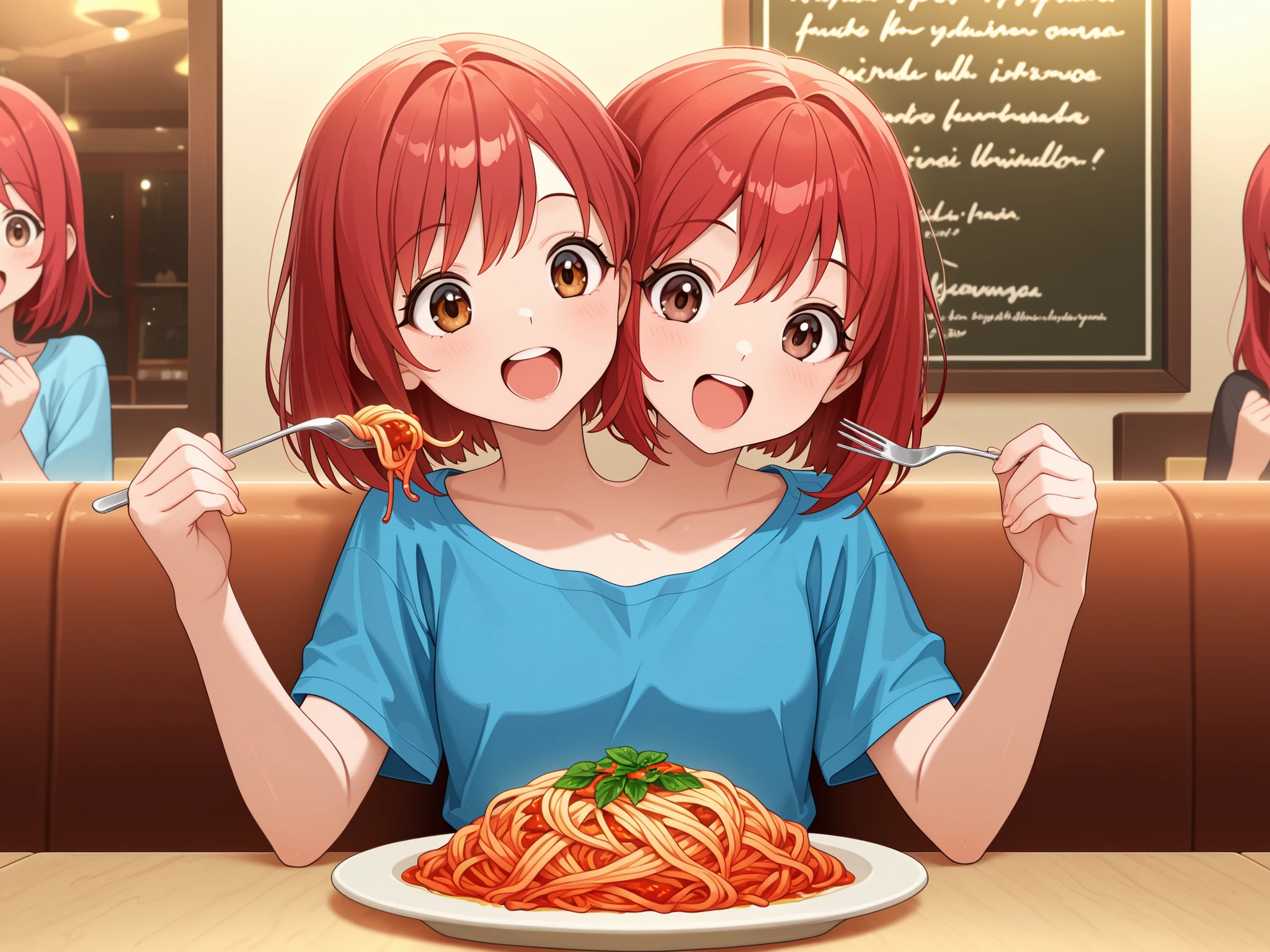 anime girl with two heads, red hair, brown eyes, happy, open mouth, eating pasta, holding a fork in each hand, blue t-shirt, sitting at a table, italian restaurant, close-up