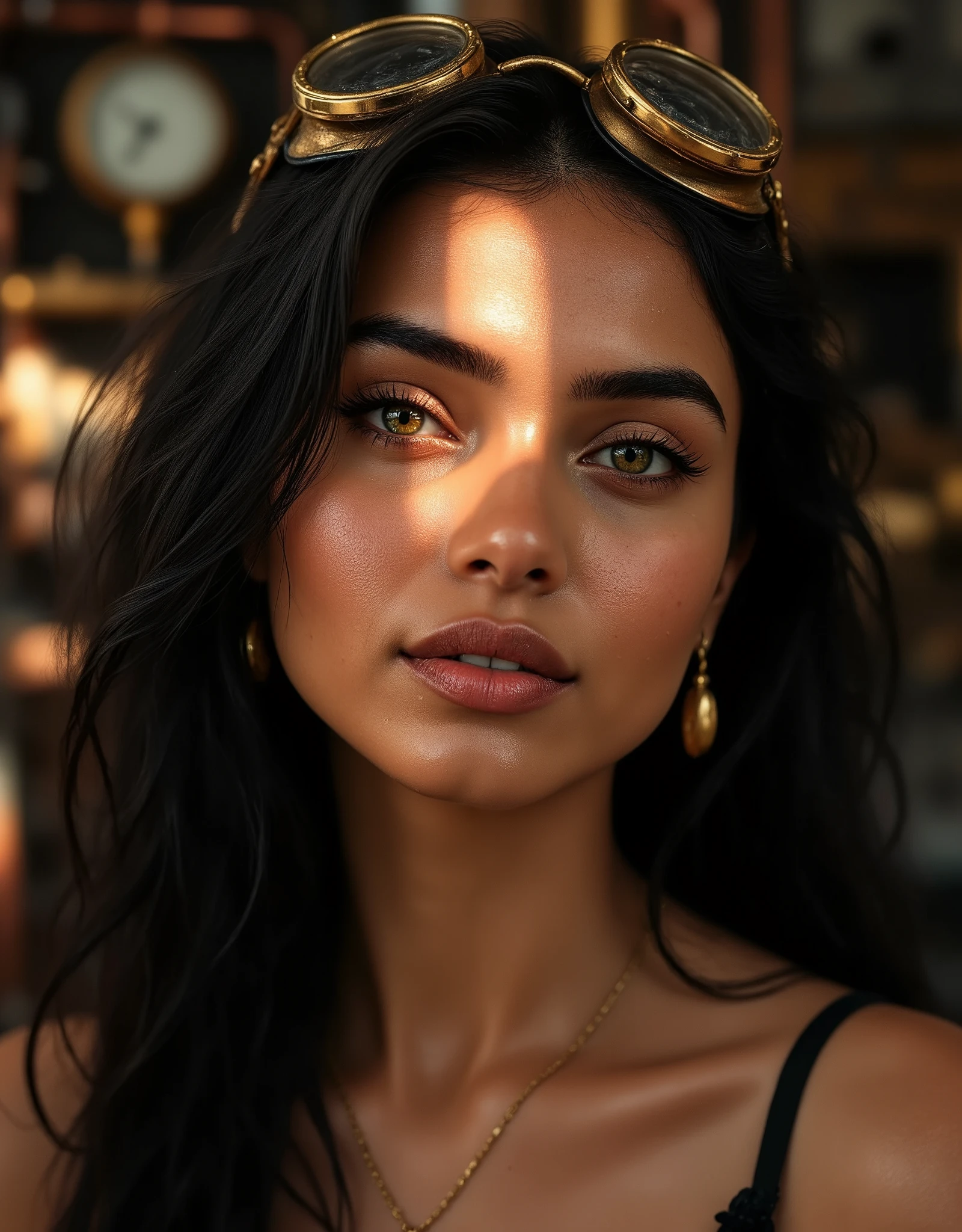 view from below, bottom view, (Tarasutaria), Romanticism art, face close up view polaroid of a petite beautiful woman , smooth skin, beautiful skin, mature feminine Somali face, shy smile, light green eyes, long eyelashes, beautiful silky black long hair messy hanging over face, futuristic, brass futuristic goggles on head, brass necklace, in workshop with brass gauges and copper pipes, steel wrenches, iron pliers. wet skin, [real wet skin, damp skin, humid skin, wet skin, skin moistened by sweat, dank skin, uncooked skin, sodden skin, soggy skin, dewy skin, moisture skin, humidity skin, moistness skin, wetness skin]. (rivulets of water descend on the cheeks, rivulets on face, trickling cheeks, trickling skin, trickling face, drips from face, drips from skin, water drops on skin, water drops on face).
real skin, sun rays casting on face, /[UHD, masterpiece, very detailed real skin, (super realistic skin:1.2), sharp focus, ((skin marks, moles, smooth skin, real pores, moles on skin, stretch marks, natural skin:1.8)), Realistic skin details, skin imperfections, freckles, Visible pores, some blackheads on the skin, Skin with a little bit of hair, textured skin, high details, high quality, Extremely Detailed Natural Skin, Skin dents]/.
wet hair,[damp hair,humid hair,wet hair,dank hair,uncooked hair,sodden hair,hair moistened by sweat,soggy hair,dewy hair,moisture hair,humidity hair,moistness hair,wetness hair,hair with water drops on].