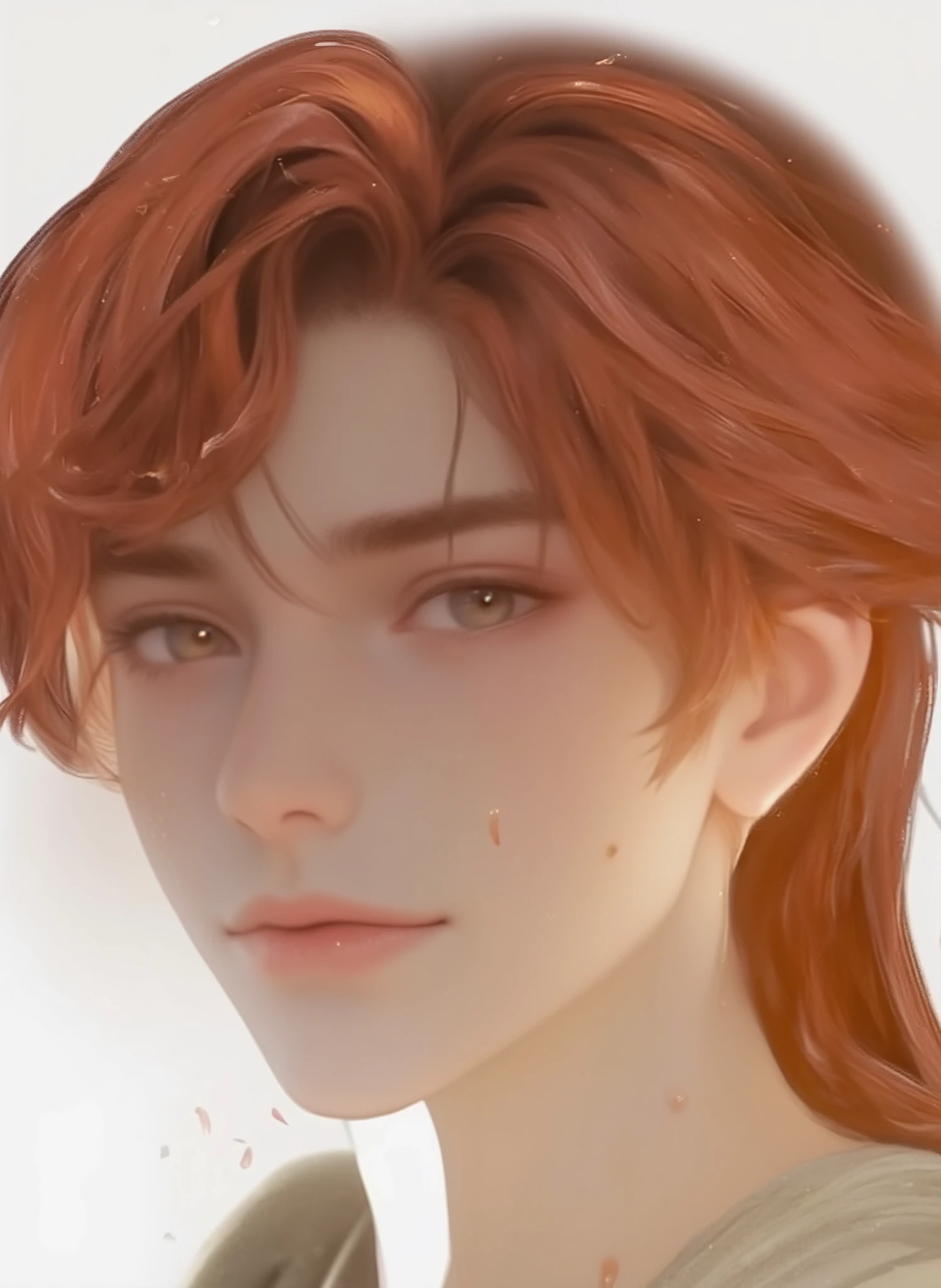 red-haired boy with hair like dancing flames, eyes the color of young leaves in spring, intense and curious look, fair skin adorned with freckles like stardust, soft and youthful features, An expression that suggests adventures to come, natural light playing with the copper and gold tones of his hair, ethereal and magical environment