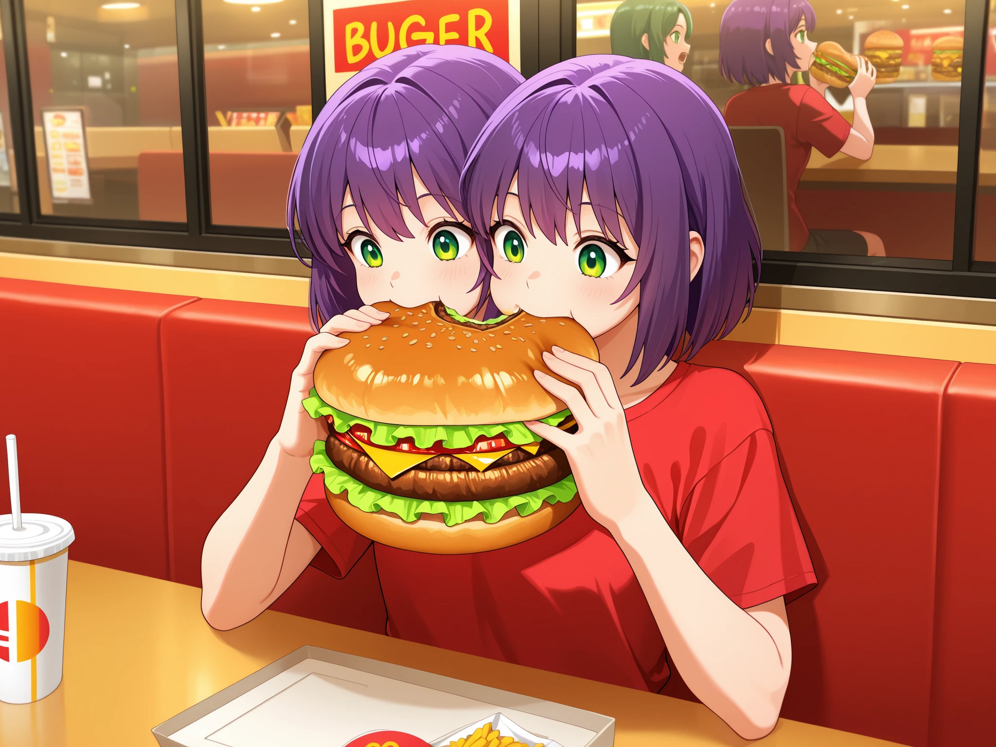 anime girl with two heads, purple hair, green eyes, red t-shirt, sitting, eating, holding a huge burger with both hands, eating, both heads biting the burger at the same time, inside a fast-food restaurant, close-up