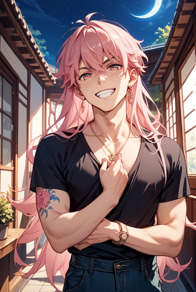 <lora:AnimeMaleB-DV0.1>,1boy,solo,pink hair,long hair,male focus,bulge,short,field,tan,smirk,open shirt,checkered shirt,