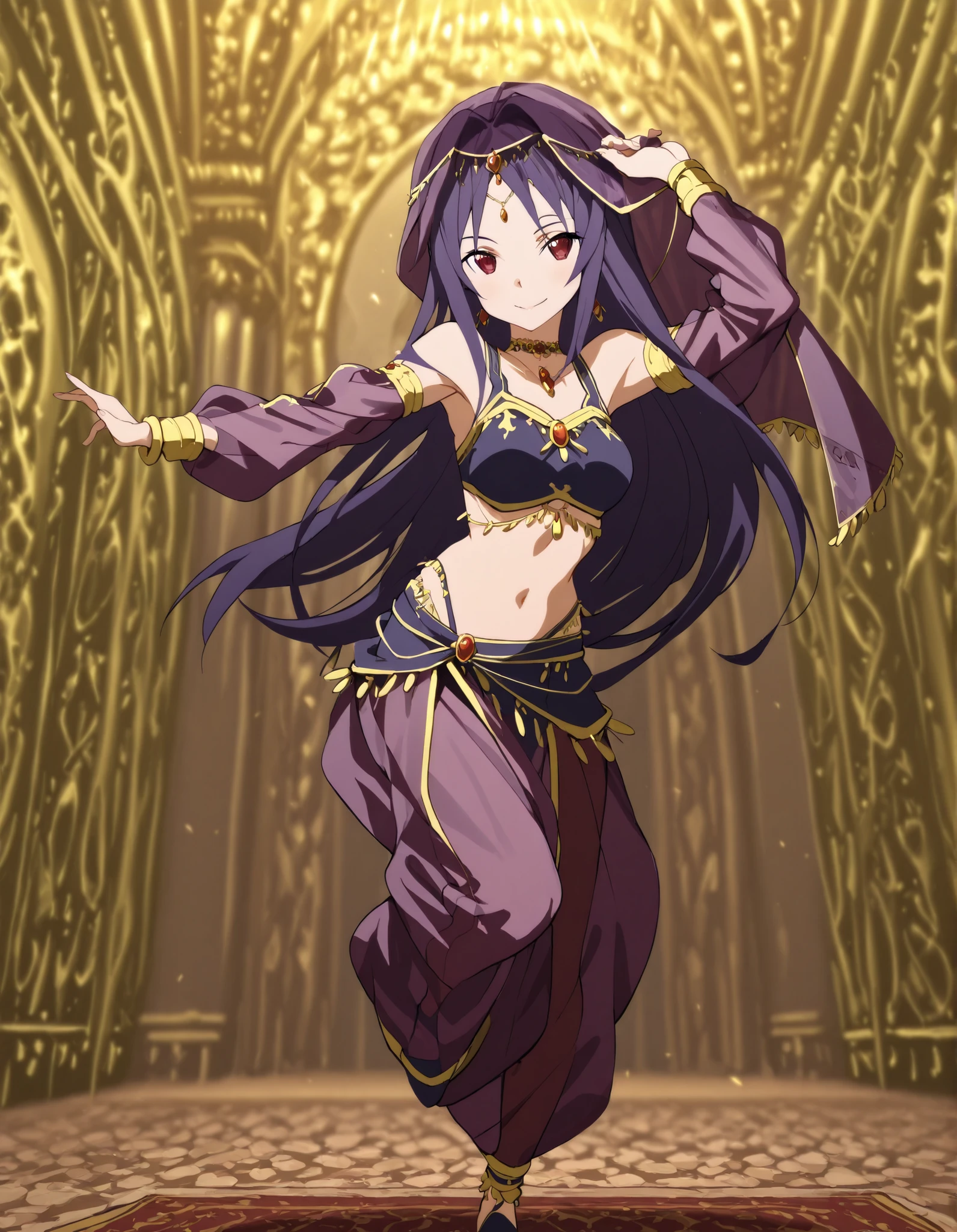 (1girl:1 . 5) , (Seul:1 . 5) , score_9 , score_8_haut , score_7_haut , source_anime , Official work  , ultra-detailed , masterpiece , best quality selfie snapshot , high resolution , beaux yeux , detailed eyes , detailed face , beautiful detailed eyes ,Sword art Online,Konno Yuuki,Arabian Clothes , Arabian Dancer ,belly dancer costume ,full body,golden jewelery,armlet, belly dancing,arabian garden,seductive smile, dancing with veil, dynamic movement,dance posture, seductive pose