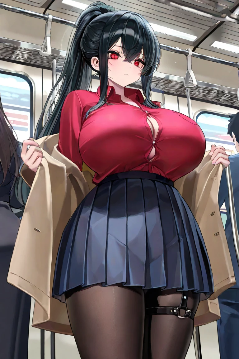 Hi res, masterpiece, 8k, nsfw, packed train, night, man, ichika hoshino, (gigantic tits: 1.6), (dense pubic hair: 1.3), (black see-through strapeless top: 1.4), (red pleated mini skirt: 1.4), (black fishnet stockings: 1.4), (black short boots: 1.4), (ichika hoshino is kissing a man: 1.4), cum, squirting, sweating
