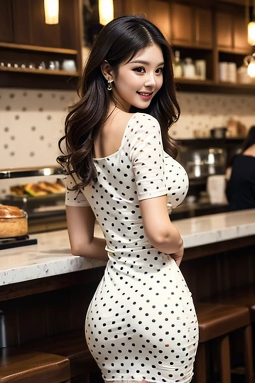 Beautiful asian woman, long hair, ???????????  ultra realistic, perfect face, long hair, full body photo, ???? smile, standing pose, cafe, elegant pose,
