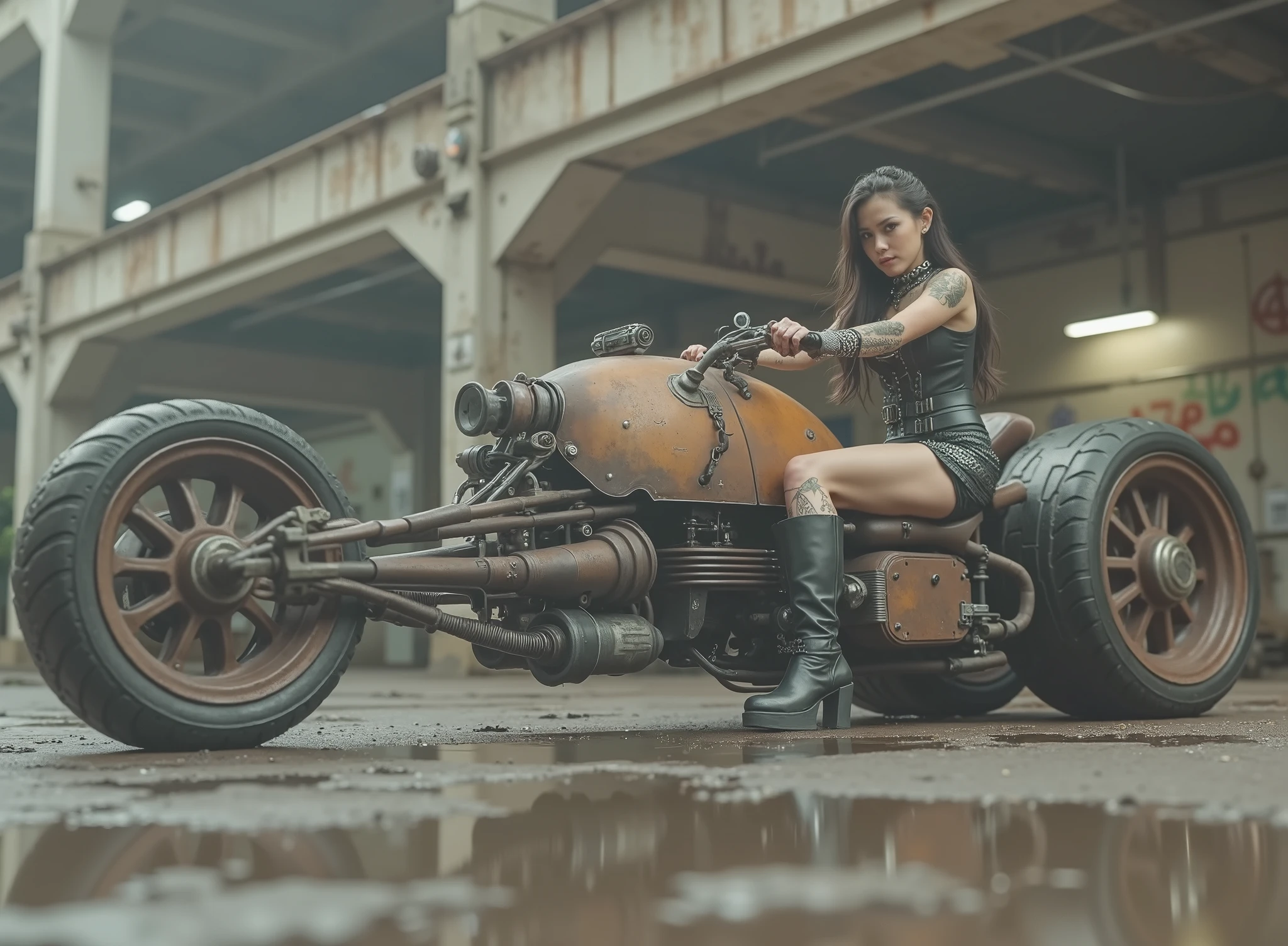The image shows a desolate scenario with a woman, tilted and taking the handlebars to adapt to speed on a uniquely designed motorcycle that embodies a steampunk or post-apocalyptic aesthetic. The motorcycle is sturdy, has only 2 sturdy all-terrain wheels, with a mix of exposed mechanical components, are evident such as large barrels and intricate pipes, with a worn palette of rusty colors with saturation and graffiti that hints at its robust durability. The woman, dressed in a striking and small sensual and gothic outfit in black leather with corset, straps and chains as well as punk jewelry and industrial calf-length boots, radiates confidence with her miniskirt. Her outfit suggests a rebellious and daring style wearing lots of punk silver jewelry and showing off her Aztec tattoos, to complement the intense environment. The dark, desolate and deserted industrial background, which contrasts with the elegance of the motorcycle. The ground is wet, possibly due to the recent rain, that reflects light weight and that contributes to changing environment of the scene. Elements of dirt and decay are evident, but the composition retains a sense of dynamic action and adventure.