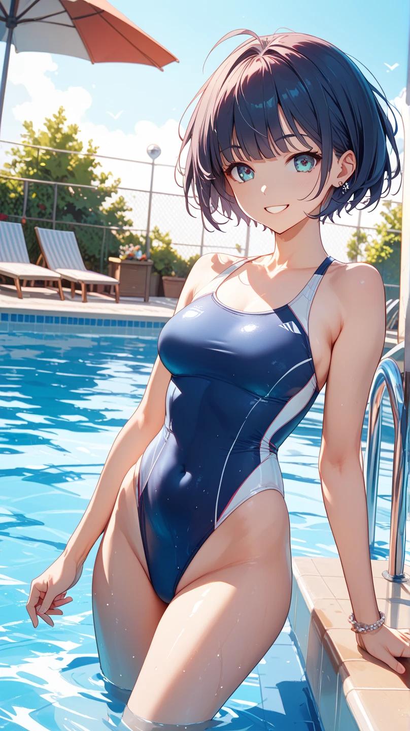 top-quality、Full limbs、complete fingers、Slender beauty、1 persons、Small eyes、embarassed expression、white school swim suit、knee high、Bery short hair、hime-cut