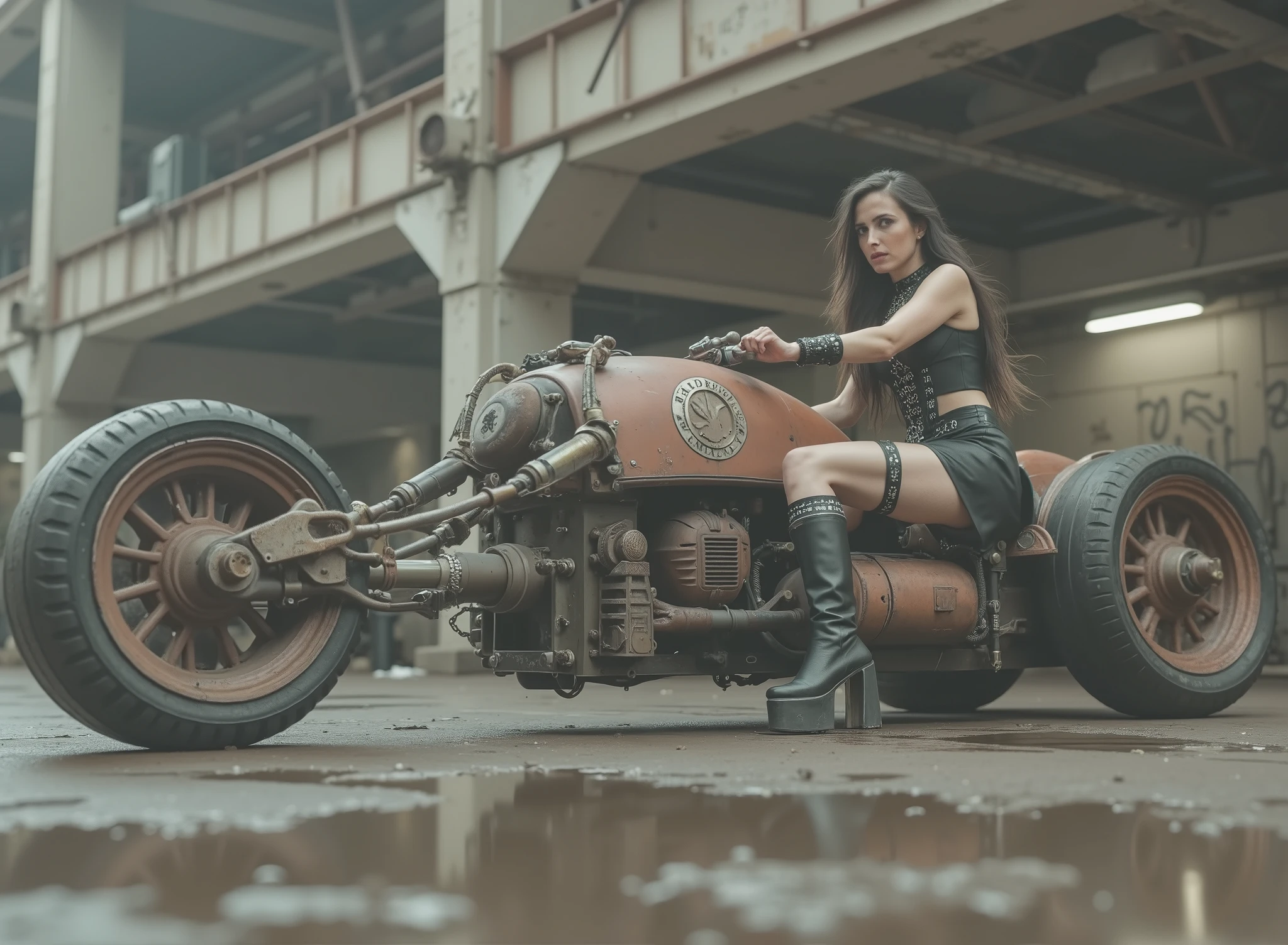 The image shows a desolate scenario with a woman, tilted and taking the handlebars to adapt to speed on a uniquely designed motorcycle that embodies a steampunk or post-apocalyptic aesthetic. The motorcycle is sturdy, has only 2 sturdy all-terrain wheels, with a mix of exposed mechanical components, are evident such as large barrels and intricate pipes,  with a worn palette of rusty colors with saturation and graffiti that hints at its robust durability. The woman, dressed in a striking and small sensual and gothic outfit in black leather with corset, straps and chains as well as punk jewelry and industrial calf-length boots, radiates confidence with her miniskirt. Her outfit suggests a rebellious and daring style wearing lots of punk silver jewelry and showing off her Aztec tattoos, to complement the intense environment. The dark, desolate and deserted industrial background,  which contrasts with the elegance of the motorcycle. The ground is wet, possibly due to the recent rain, that reflects light weight and that contributes to changing environment of the scene. Elements of dirt and decay are evident, but the composition retains a sense of dynamic action and adventure.