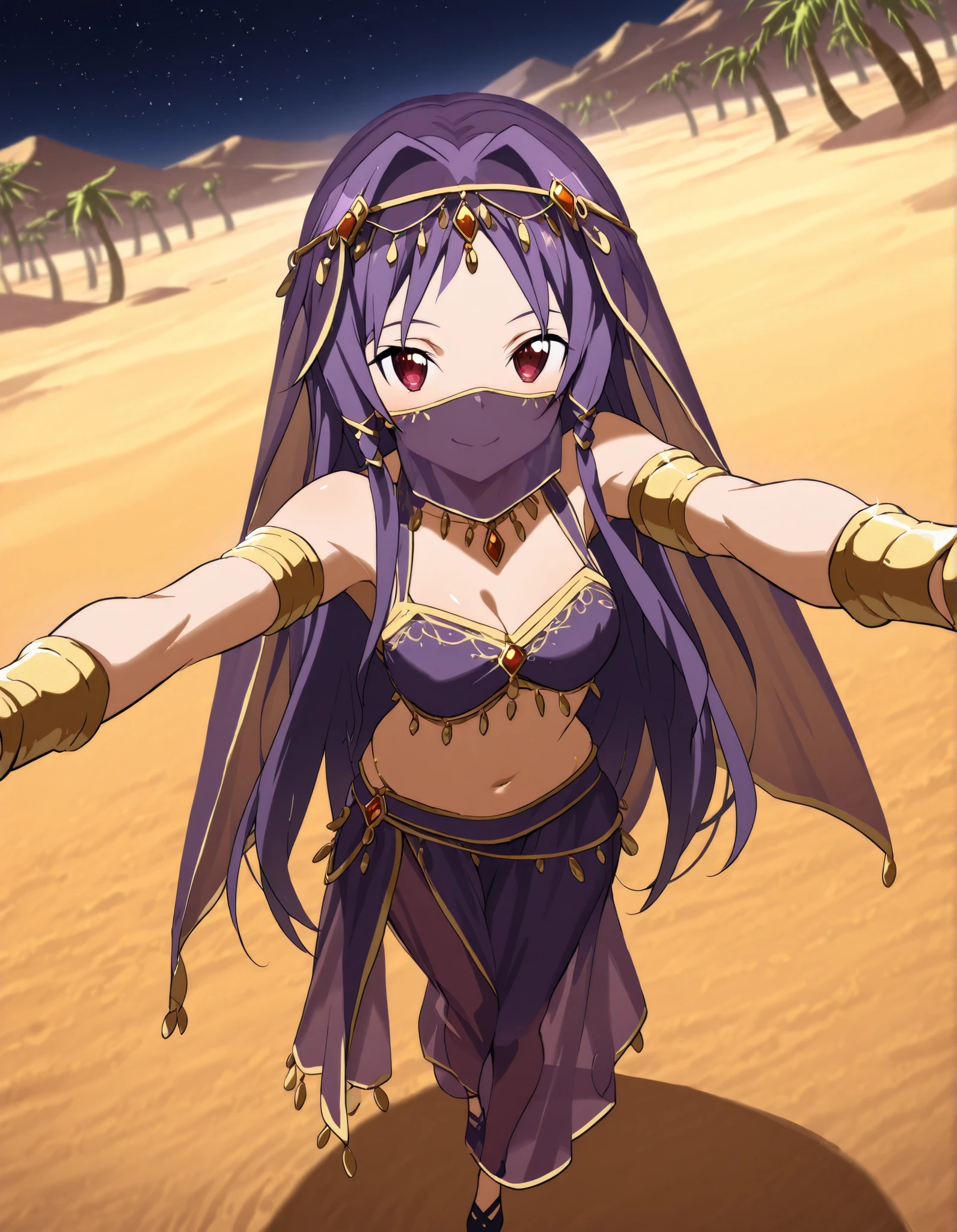 (1girl:1 . 5) , (Seul:1 . 5) , score_9 , score_8_haut , score_7_haut , source_anime , Official work  , ultra-detailed , masterpiece , best quality selfie snapshot , high resolution , beaux yeux , detailed eyes , detailed face , beautiful detailed eyes ,Sword art Online,Konno Yuuki,Arabian Clothes , Arabian Dancer ,belly dancer costume ,full body,mouth veil, golden jewelery,armlet, belly dancing,night,desert lands,palm tree,seductive smile, dancing with veil, dynamic movement,dance posture, seductive pose