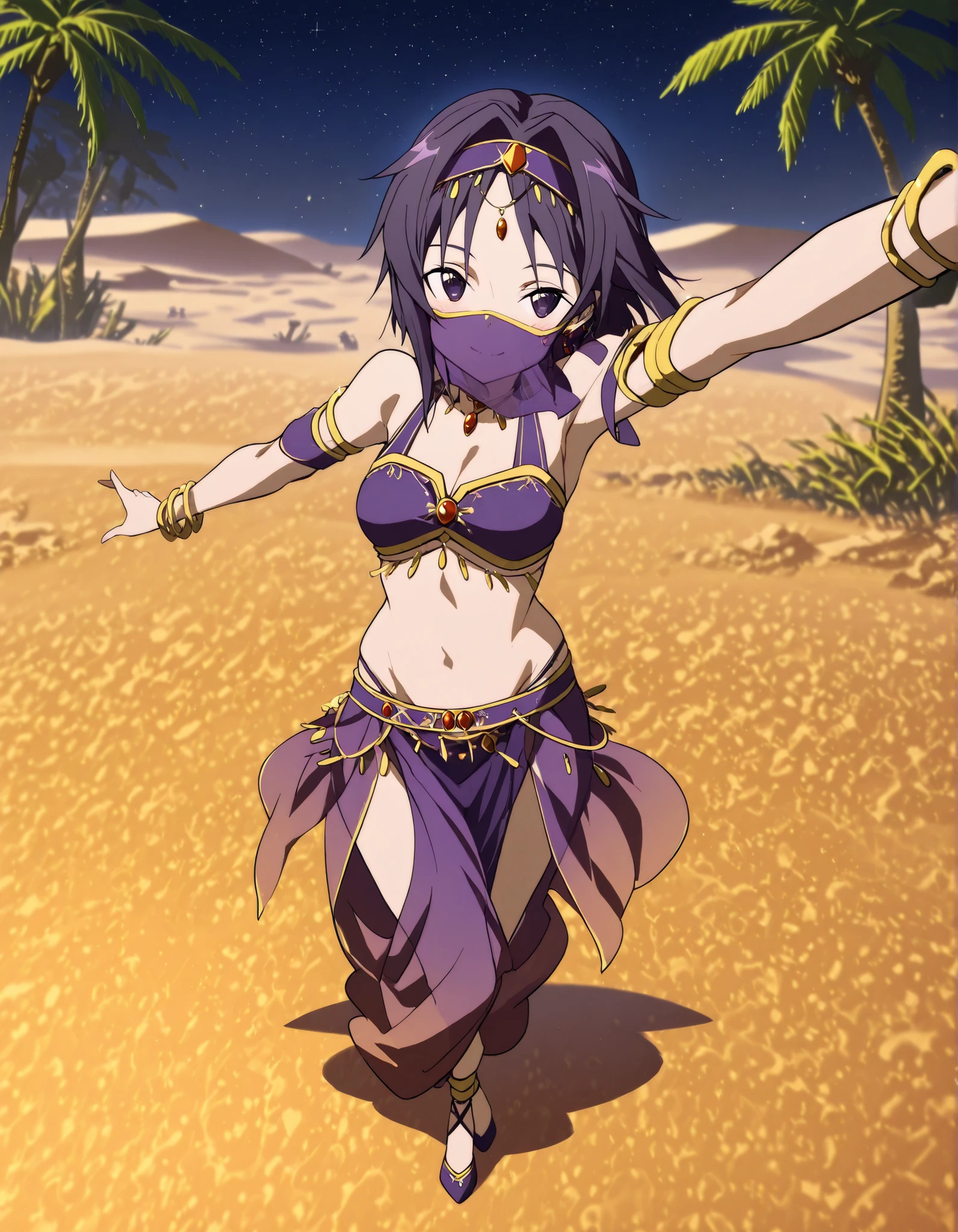 (1girl:1 . 5) , (Seul:1 . 5) , score_9 , score_8_haut , score_7_haut , source_anime , Official work , ultra-detailed , masterpiece , best quality selfie snapshot , high resolution , beaux yeux , detailed eyes , detailed face , beautiful detailed eyes ,Sword art Online,Konno Yuuki,Arabian Clothes , Arabian Dancer ,belly dancer costume ,full body,mouth veil, golden jewelery,armlet, belly dancing,night,desert lands,palm tree,seductive smile, dancing with veil, dynamic movement,dance posture, seductive pose