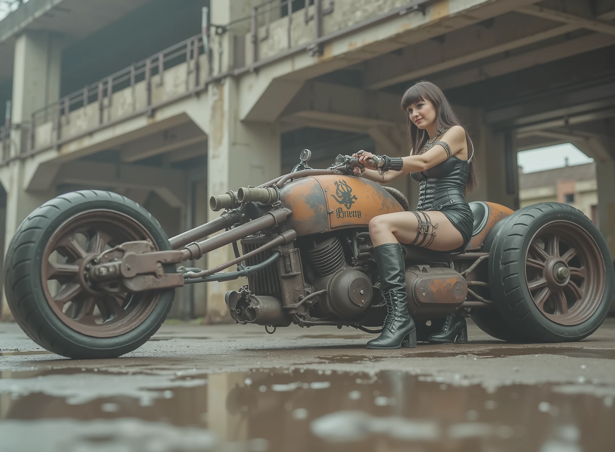 The image shows a desolate scenario with a woman, tilted and taking the handlebars to adapt to speed on a uniquely designed motorcycle that embodies a steampunk or post-apocalyptic aesthetic. The motorcycle is sturdy, has only 2 sturdy all-terrain wheels, with a mix of exposed mechanical components, are evident such as large barrels and intricate pipes,  with a worn palette of rusty colors with saturation and graffiti that hints at its robust durability. The woman, dressed in a striking and small sensual and gothic outfit in black leather with corset, straps and chains as well as punk jewelry and industrial calf-length boots, radiates confidence with her miniskirt. Her outfit suggests a rebellious and daring style wearing lots of punk silver jewelry and showing off her Aztec tattoos, to complement the intense environment. The dark, desolate and deserted industrial background,  which contrasts with the elegance of the motorcycle. The ground is wet, possibly due to the recent rain, that reflects light weight and that contributes to changing environment of the scene. Elements of dirt and decay are evident, but the composition retains a sense of dynamic action and adventure.