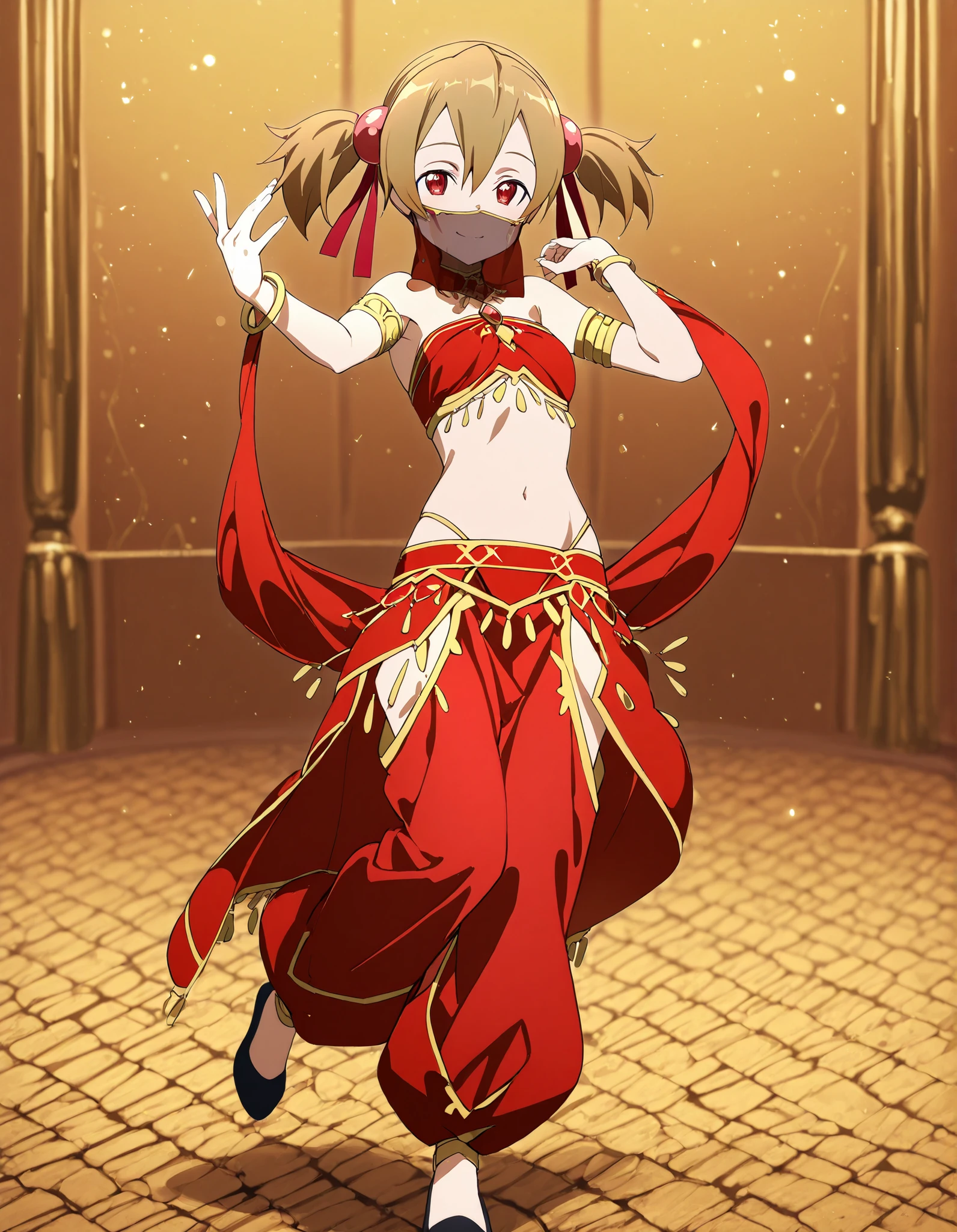(1girl:1 . 5) , (Seul:1 . 5) , score_9 , score_8_haut , score_7_haut , source_anime , Official work  , ultra-detailed , masterpiece , best quality selfie snapshot , high resolution , beaux yeux , detailed eyes , detailed face , beautiful detailed eyes ,Sword art Online,Silica,Arabian Clothes , Arabian Dancer ,belly dancer costume ,full body,mouth veil, golden jewelery,armlet, belly dancing,arabian theater,seductive smile, dancing with veil, dynamic movement,dance posture, seductive pose