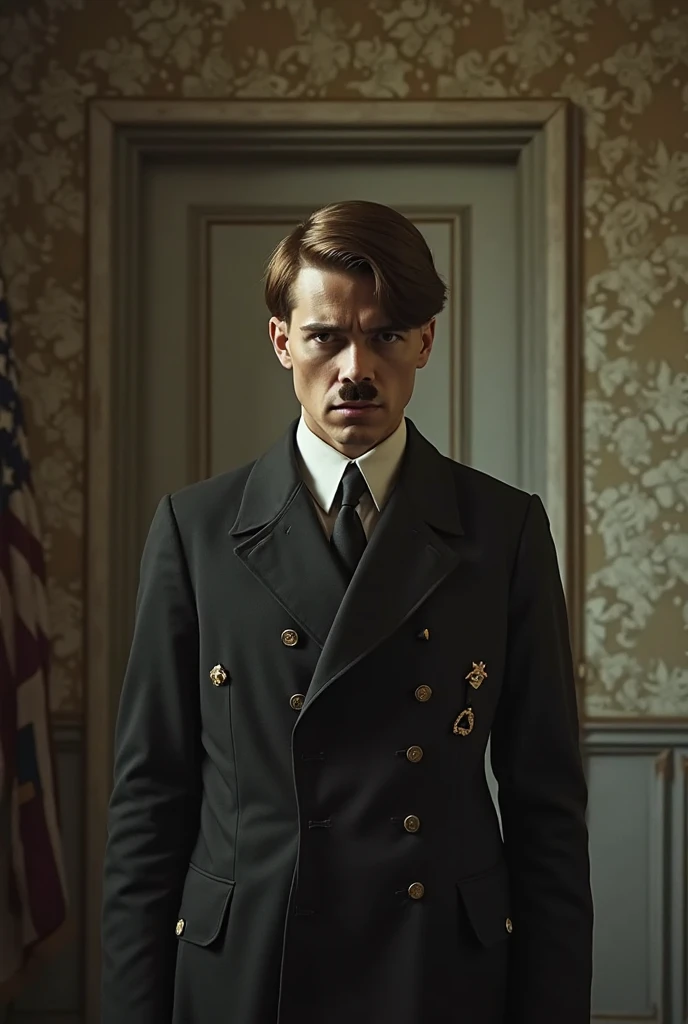 solo, portrait of a young teenage hitler making a graduation speech, thin hitler mustache, unkempt hitler hair, detailed face, youthful teenager, wearing a formal german school uniform, open mouth as he is mid-sentence, standing at an outdoor podium, <lora:zavy-cntrst-sdxl:1>