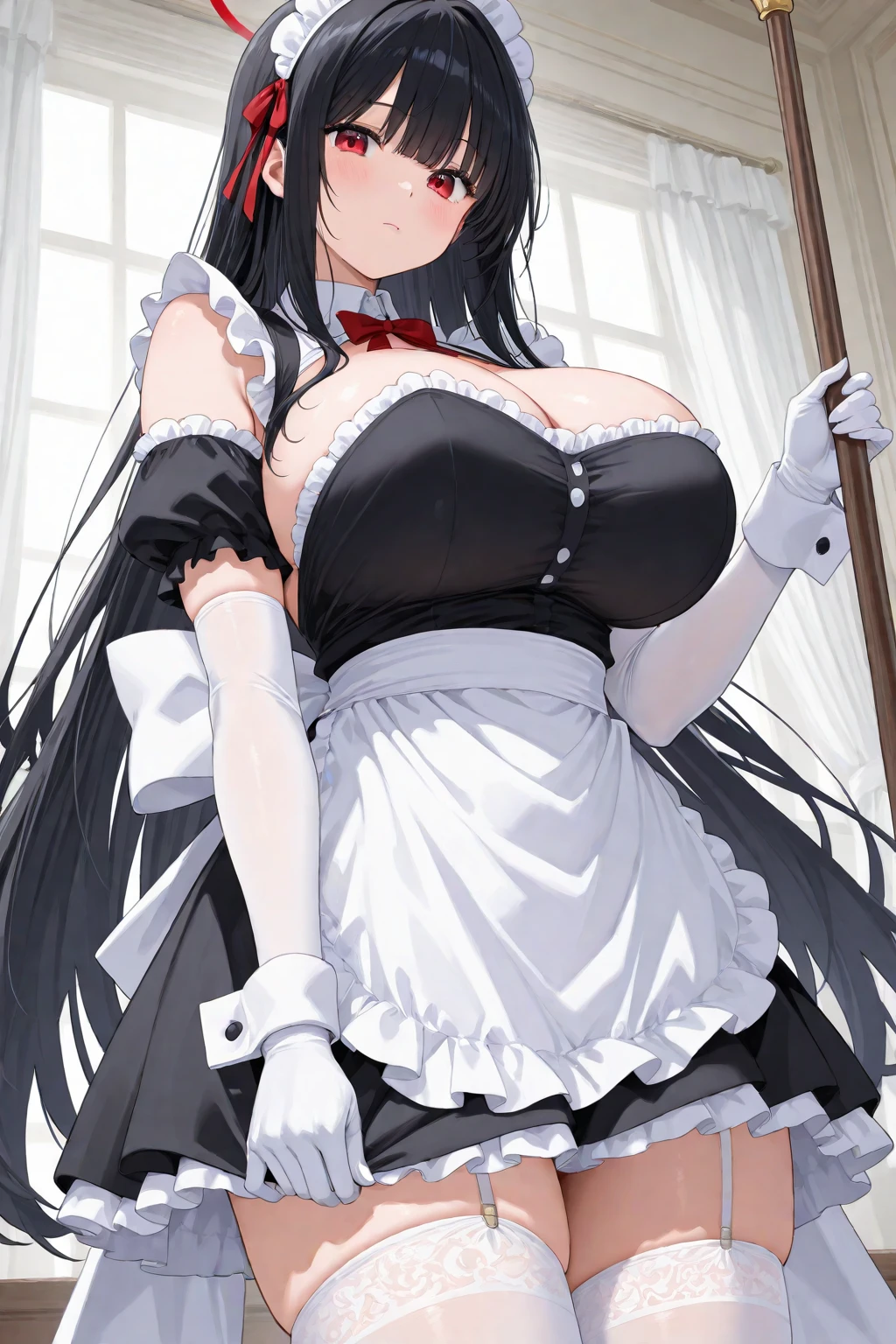 A sexy women, sexy body, curvy body, long straight black hair, twintail hair, ((red eyes, detailed eyes)), sexy lips, make up, red colored eyeline, smile, big breasts, cleavage, sexy hips, sexy expression, anatomically correct, super detail, high quality, highres, 4K, (full body shot), ((maid, maid uniform, dress)), bedroom background