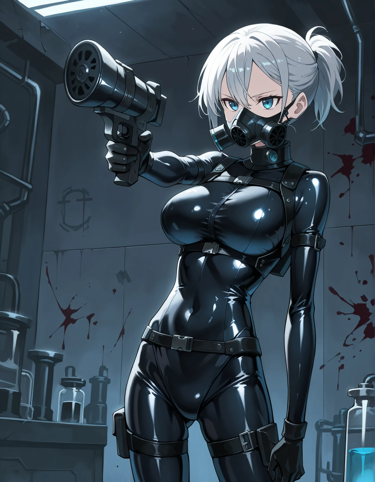 dark filter, source_anime, Alone, standing, pointing a gun, serious look, black gas mask, gas mask covering your mouth, Big breasts, silver hair short ponytail, detailed eyes, blue eyes, black harness , ((( Slim Fit Rubber Suit ))), (black gloves), thigh harness, Alone, Alone, laboratory, instrumentos de laboratory,  blood on the walls , darkness