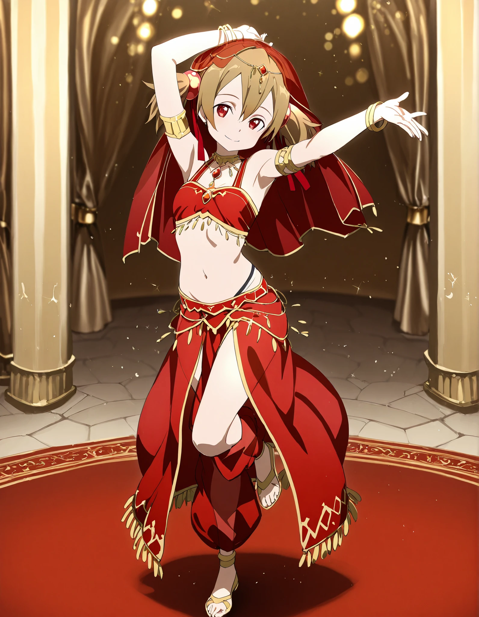 (1girl:1 . 5) , (Seul:1 . 5) , score_9 , score_8_haut , score_7_haut , source_anime , Official work  , ultra-detailed , masterpiece , best quality selfie snapshot , high resolution , beaux yeux , detailed eyes , detailed face , beautiful detailed eyes ,Sword art Online,Silica,Arabian Clothes , Arabian Dancer ,belly dancer costume ,full body,golden jewelery,armlet, belly dancing,arabian theater,seductive smile, dancing with veil, dynamic movement,dance posture, seductive pose