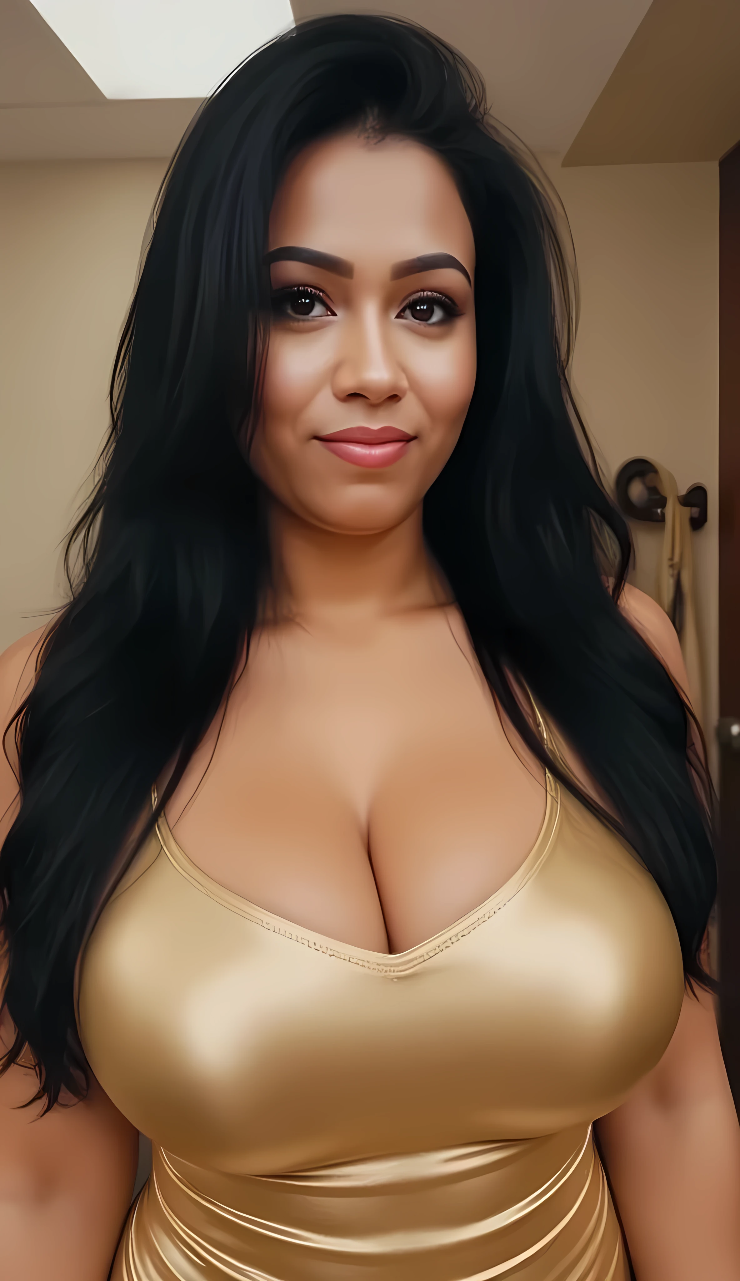 Masterpiece, Best Quality, 1 girl, alone, beautiful 15 year old african and asian mix, dark skinned woman, dark hair, long, frizzy, Curly hair, Perfect face, cabello long, very large busts, (huge breasts: 1.4) sexy full body (perfect naked body shows his big, Wide hips.) and smiling and sitting in a car