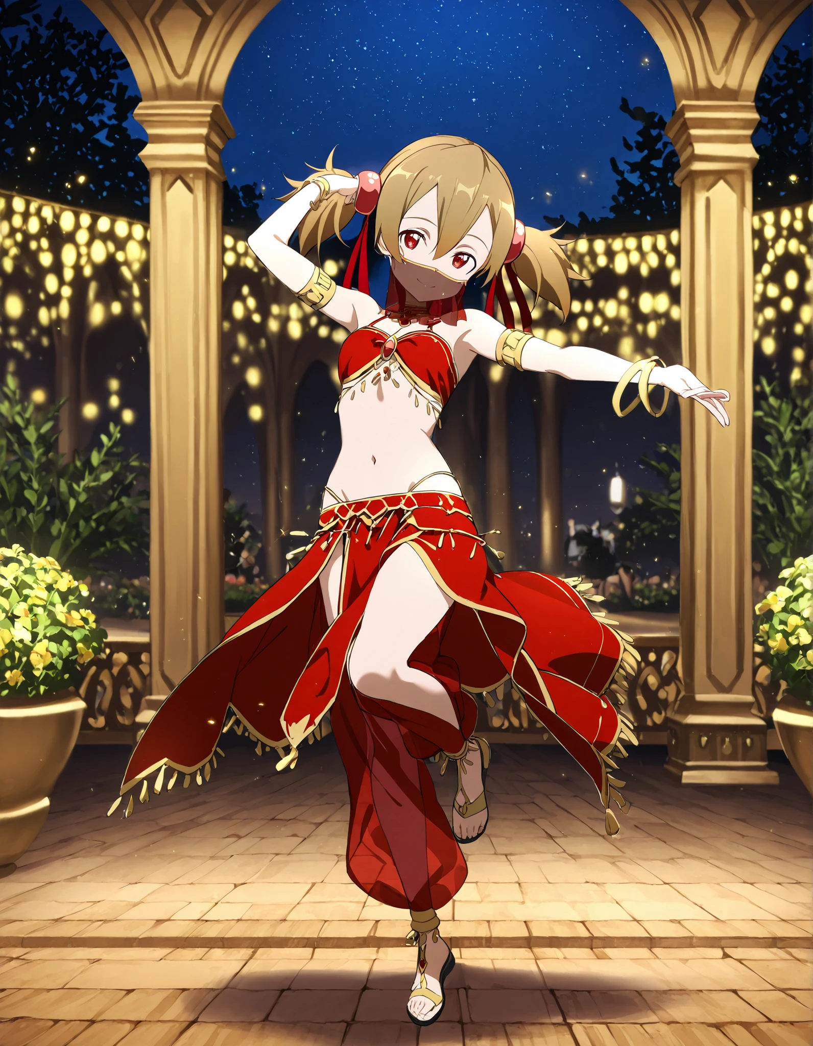 (1girl:1 . 5) , (Seul:1 . 5) , score_9 , score_8_haut , score_7_haut , source_anime , Official work  , ultra-detailed , masterpiece , best quality selfie snapshot , high resolution , beaux yeux , detailed eyes , detailed face , beautiful detailed eyes ,Sword art Online,Silica,Arabian Clothes , Arabian Dancer ,belly dancer costume ,full body,mouth veil, golden jewelery,armlet, belly dancing,night,arabian garden,seductive smile, dancing with veil, dynamic movement,dance posture, seductive pose