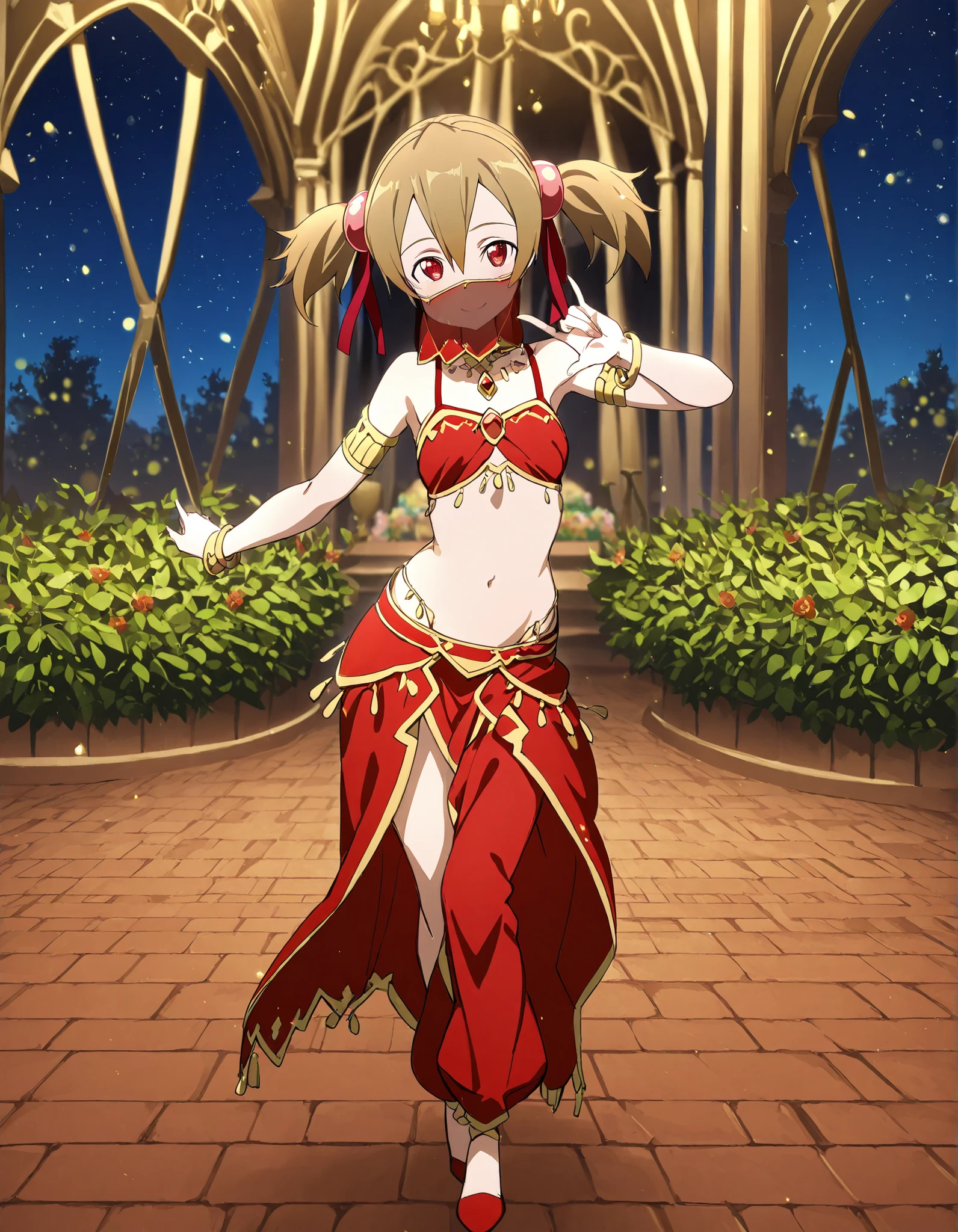 (1girl:1 . 5) , (Seul:1 . 5) , score_9 , score_8_haut , score_7_haut , source_anime , Official work  , ultra-detailed , masterpiece , best quality selfie snapshot , high resolution , beaux yeux , detailed eyes , detailed face , beautiful detailed eyes ,Sword art Online,Silica,Arabian Clothes , Arabian Dancer ,belly dancer costume ,full body,mouth veil, golden jewelery,armlet, belly dancing,night,arabian garden,seductive smile, dancing with veil, dynamic movement,dance posture, seductive pose