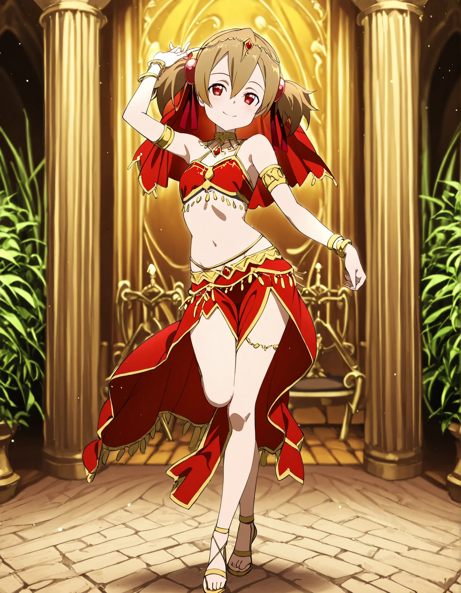 (1girl:1 . 5) , (Seul:1 . 5) , score_9 , score_8_haut , score_7_haut , source_anime , Official work  , ultra-detailed , masterpiece , best quality selfie snapshot , high resolution , beaux yeux , detailed eyes , detailed face , beautiful detailed eyes ,Sword art Online,Silica,Arabian Clothes , Arabian Dancer ,belly dancer costume ,full body,golden jewelery,armlet, belly dancing,arabian garden,seductive smile, dancing with veil, dynamic movement,dance posture, seductive pose