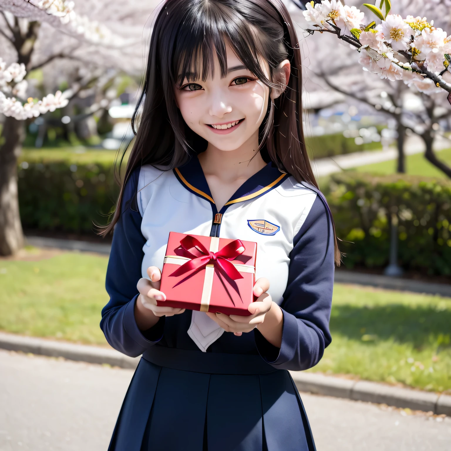 A breathtakingly beautiful 20-year-old woman stands in a lush park filled with cherry blossoms in full bloom beneath a clear blue sky. She wears a classic sailor uniform and gently holds a small, neatly wrapped gift box adorned with a red ribbon. Her radiant smile and joyful expression convey heartfelt happiness. long hair, dark hair, dark eyes.