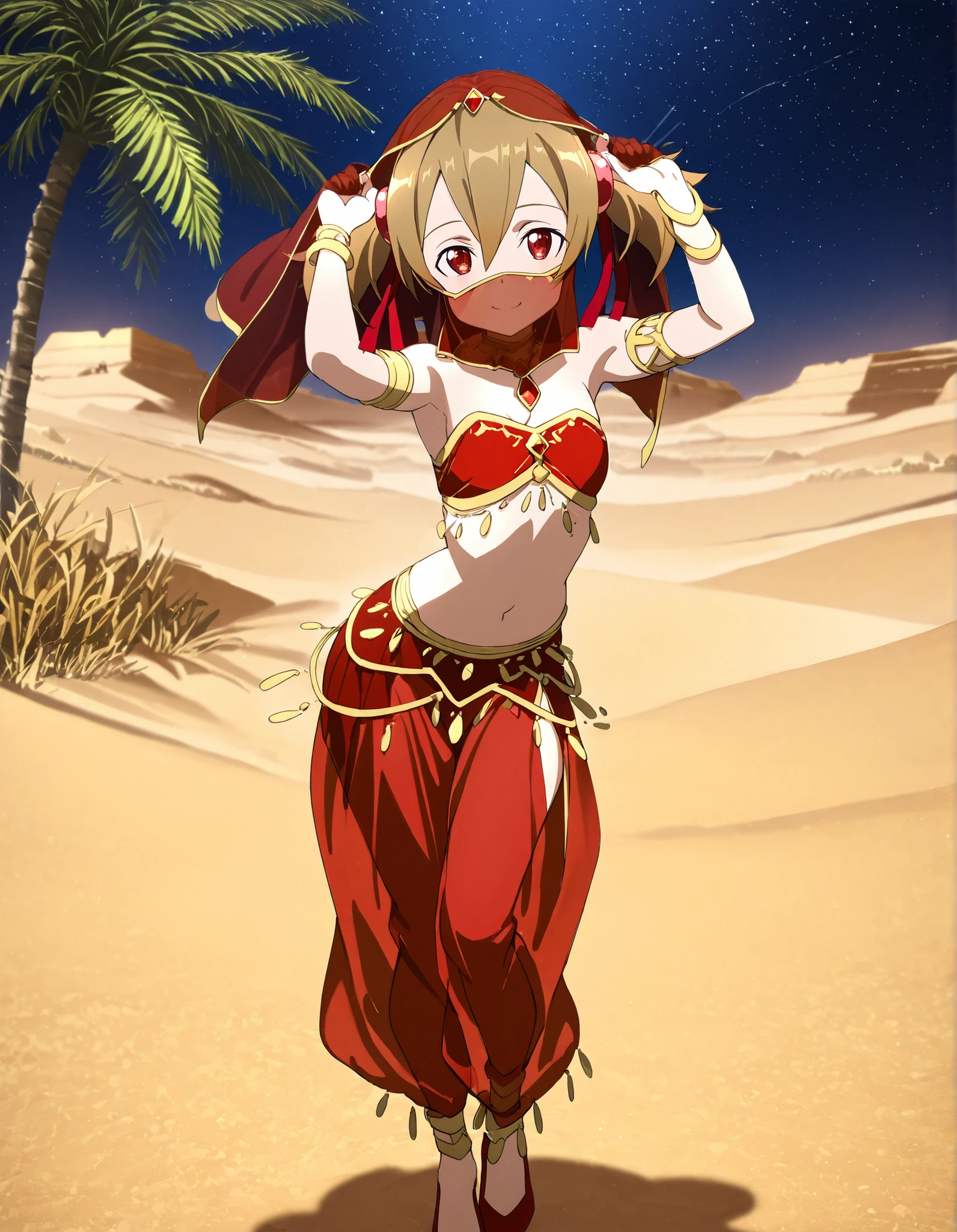 (1girl:1 . 5) , (Seul:1 . 5) , score_9 , score_8_haut , score_7_haut , source_anime , Official work  , ultra-detailed , masterpiece , best quality selfie snapshot , high resolution , beaux yeux , detailed eyes , detailed face , beautiful detailed eyes ,Sword art Online,Silica,Arabian Clothes , Arabian Dancer ,belly dancer costume ,full body,mouth veil,golden jewelery,armlet, belly dancing,night,desert lands,palm tree,seductive smile, dancing with veil, dynamic movement,dance posture, seductive pose