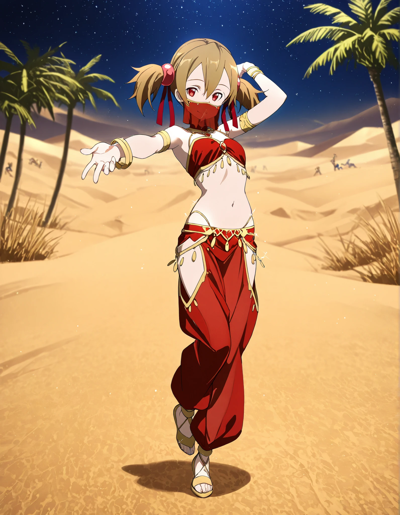 (1girl:1 . 5) , (Seul:1 . 5) , score_9 , score_8_haut , score_7_haut , source_anime , Official work  , ultra-detailed , masterpiece , best quality selfie snapshot , high resolution , beaux yeux , detailed eyes , detailed face , beautiful detailed eyes ,Sword art Online,Silica,Arabian Clothes , Arabian Dancer ,belly dancer costume ,full body,mouth veil,golden jewelery,armlet, belly dancing,night,desert lands,palm tree,seductive smile, dancing with veil, dynamic movement,dance posture, seductive pose